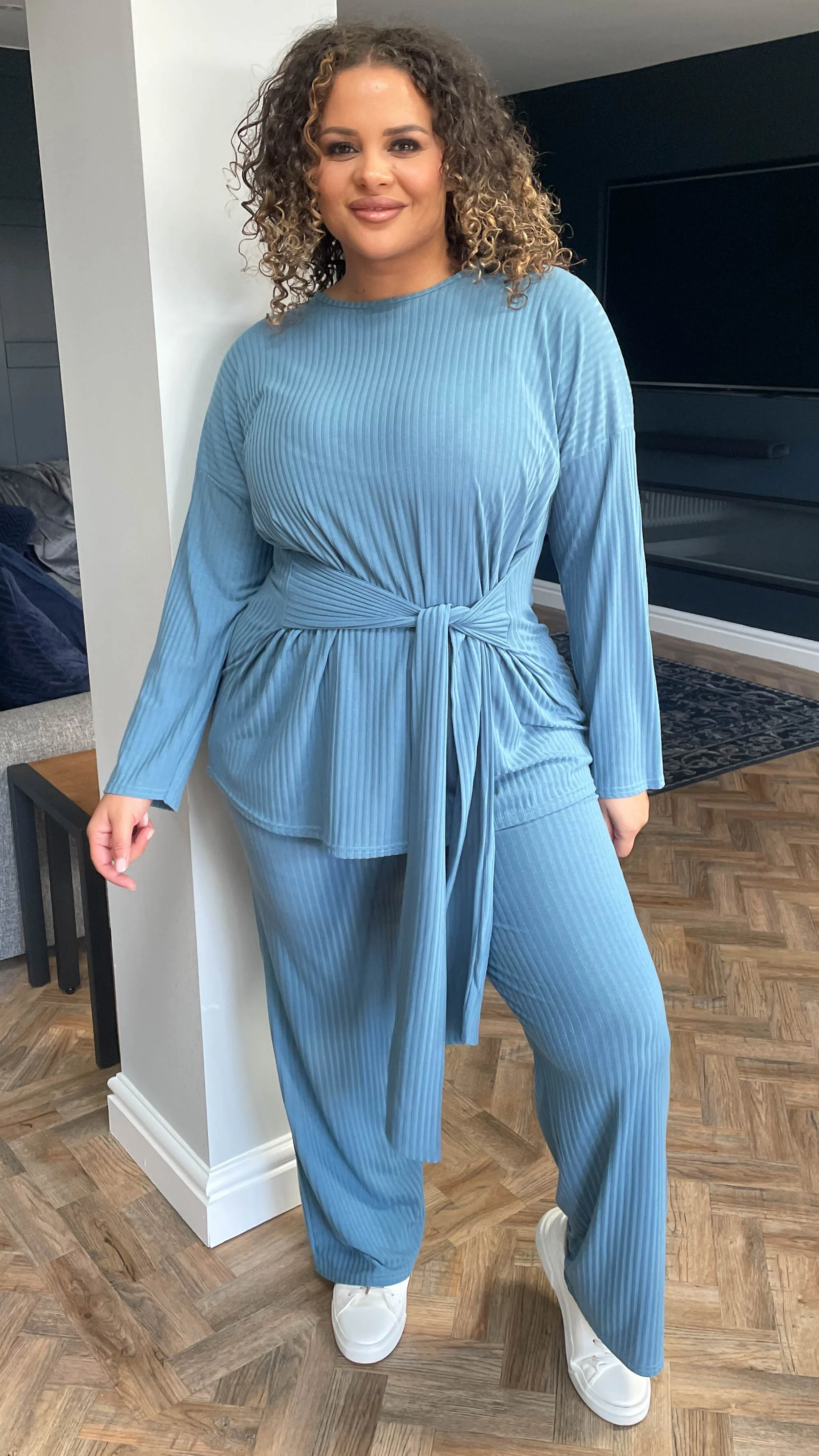 CurveWow Ribbed Tie Waist Lounge Top Blue - Image 3