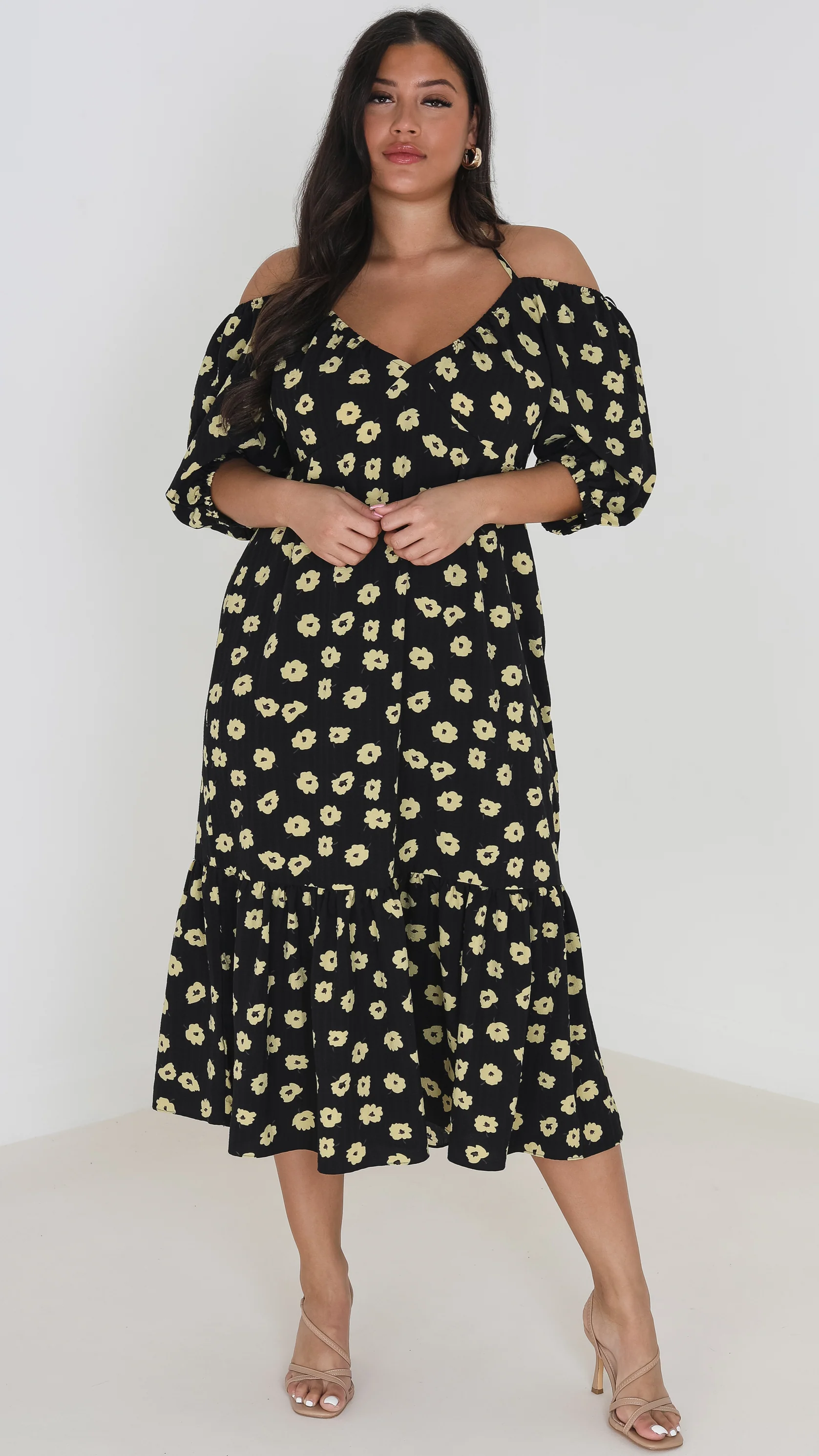Floral Halter Neck Tiered Hem Midi Dress Black/Yellow