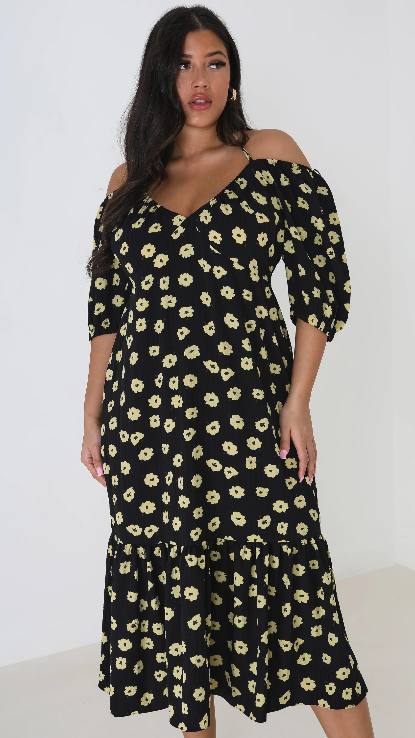 Floral Halter Neck Tiered Hem Midi Dress Black/Yellow - Image 2