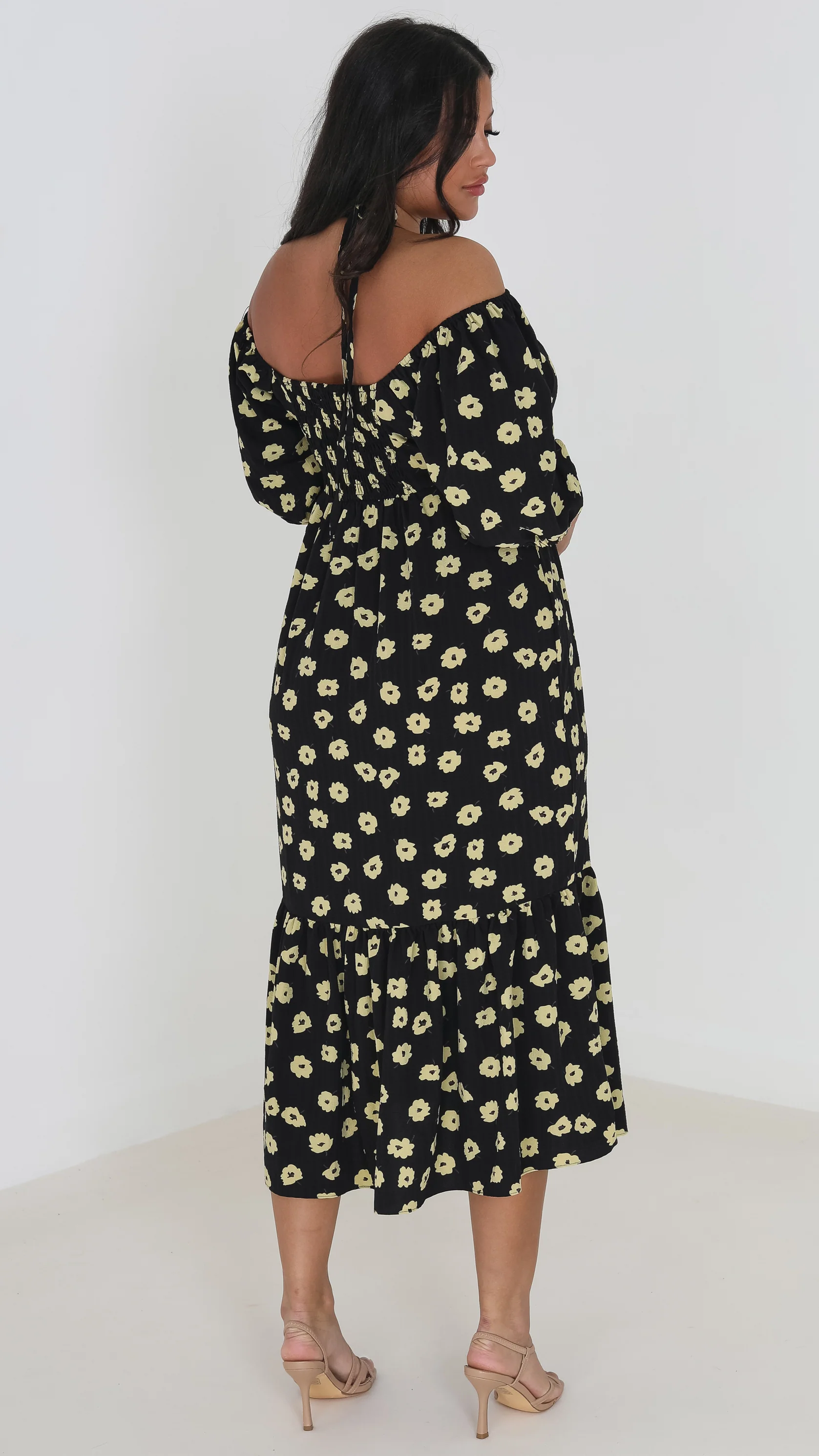 Floral Halter Neck Tiered Hem Midi Dress Black/Yellow - Image 3