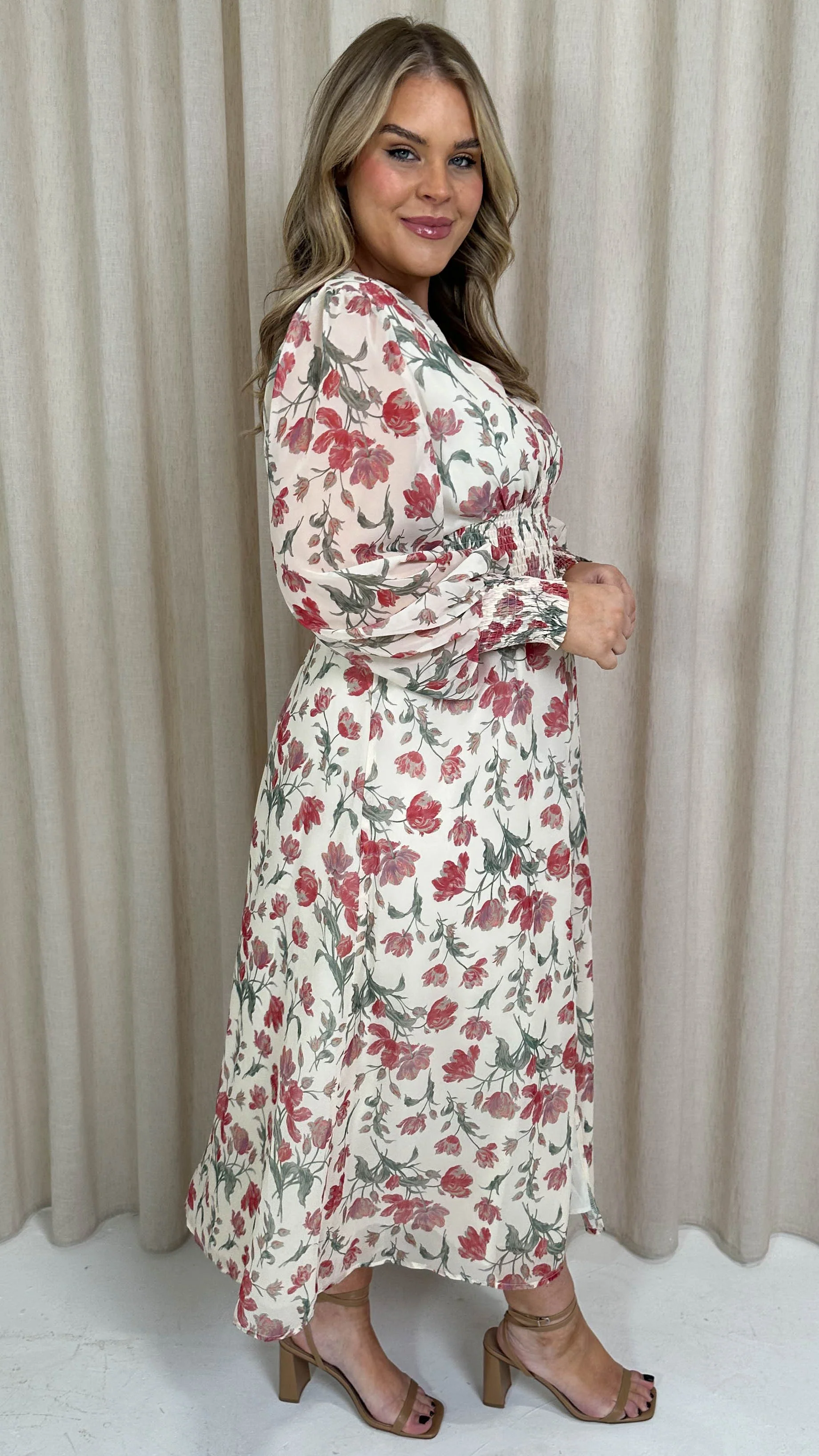 CurveWow Button Front Maxi Dress Ivory Floral - Image 5