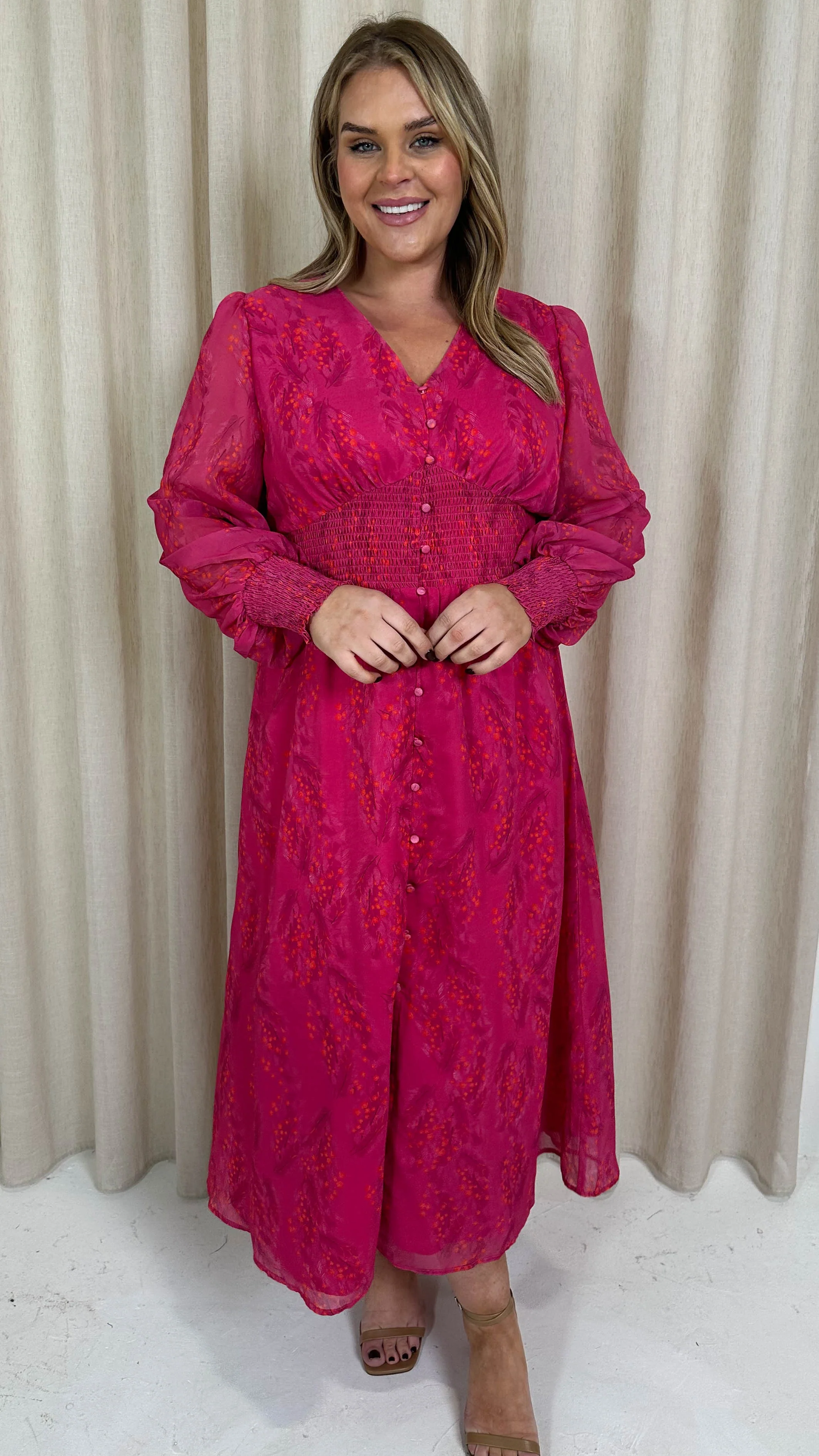 CurveWow Button Front Maxi Dress Magenta Floral - Image 3