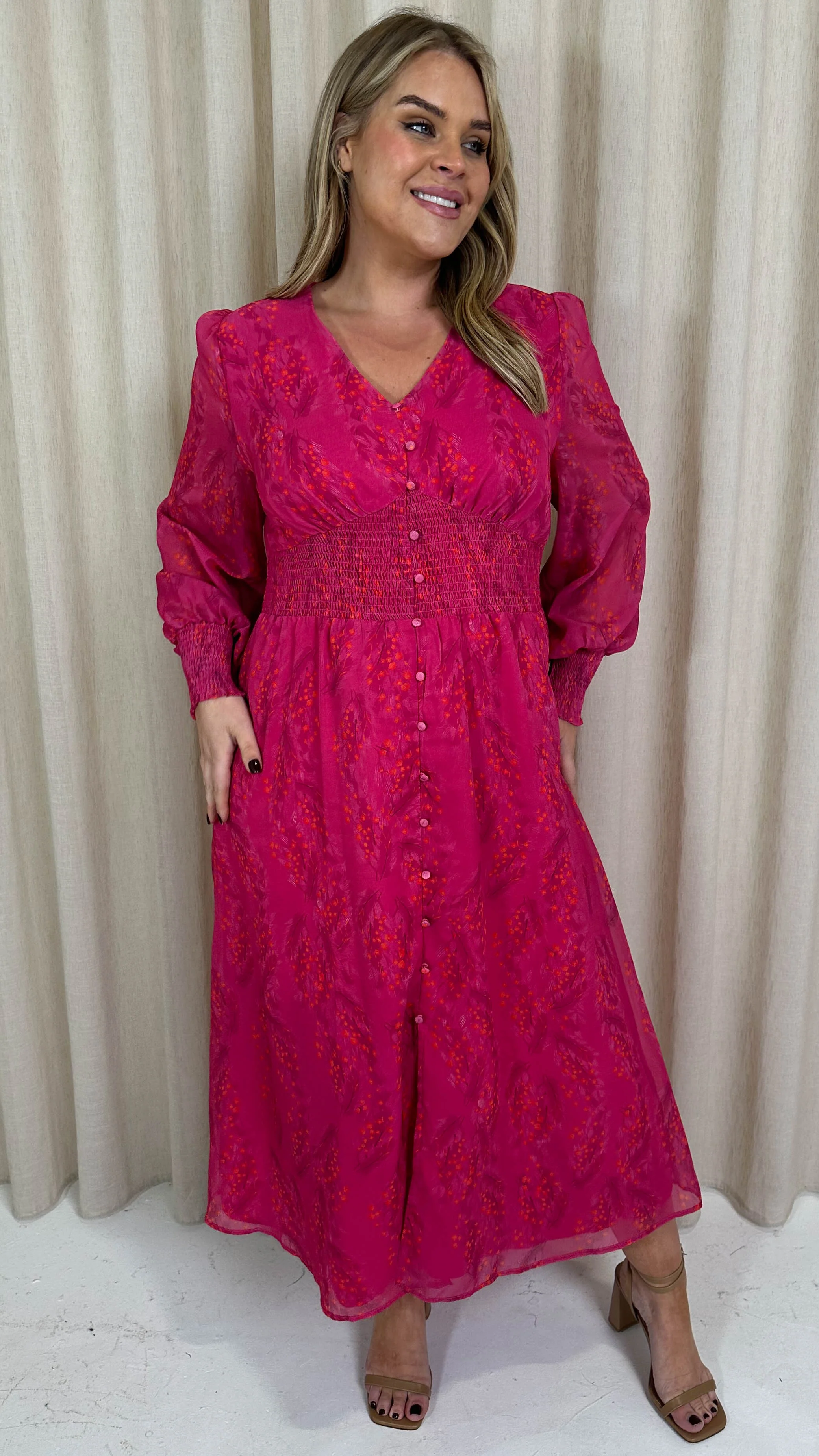 CurveWow Button Front Maxi Dress Magenta Floral - Image 4