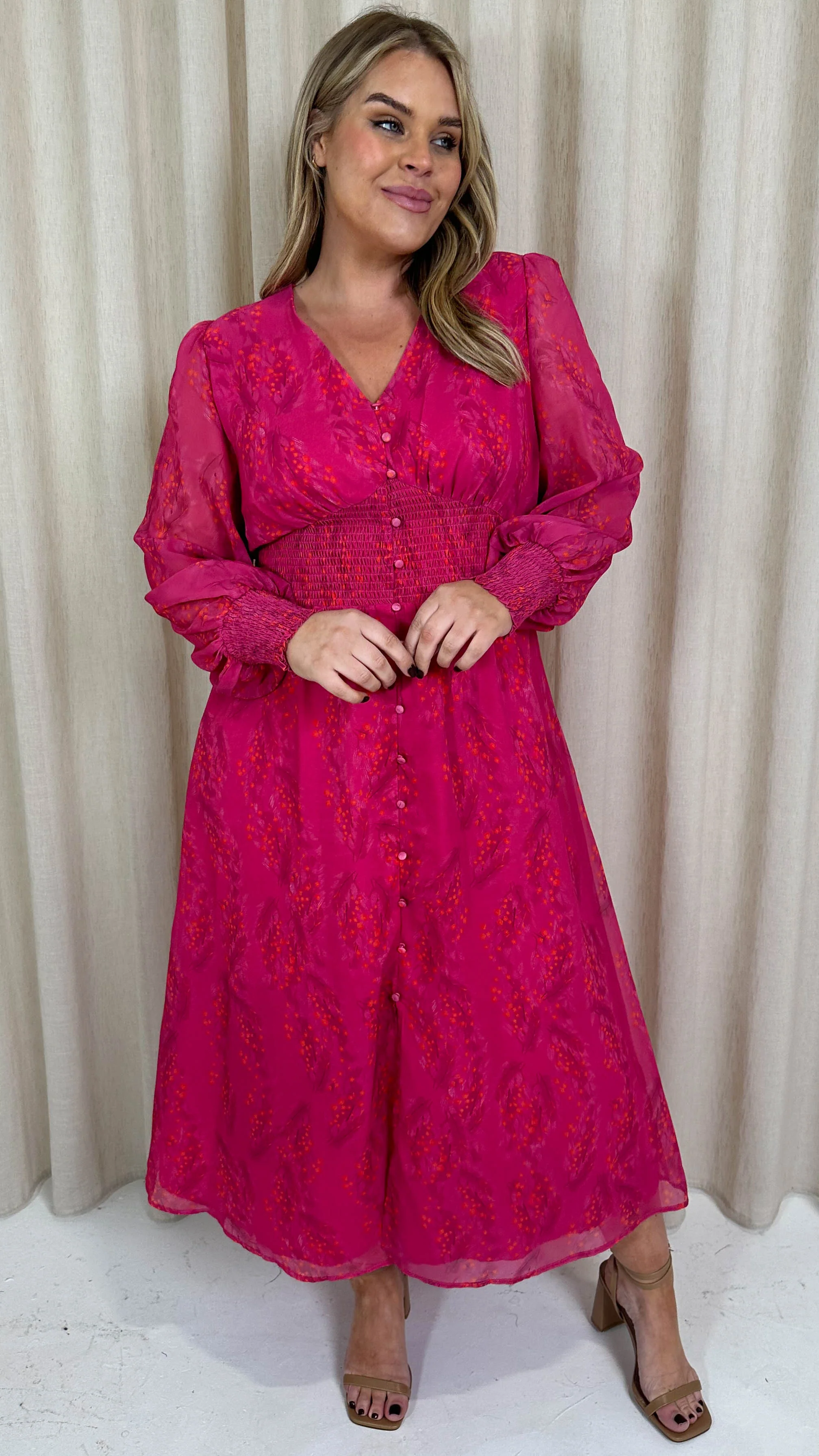 CurveWow Button Front Maxi Dress Magenta Floral - Image 5