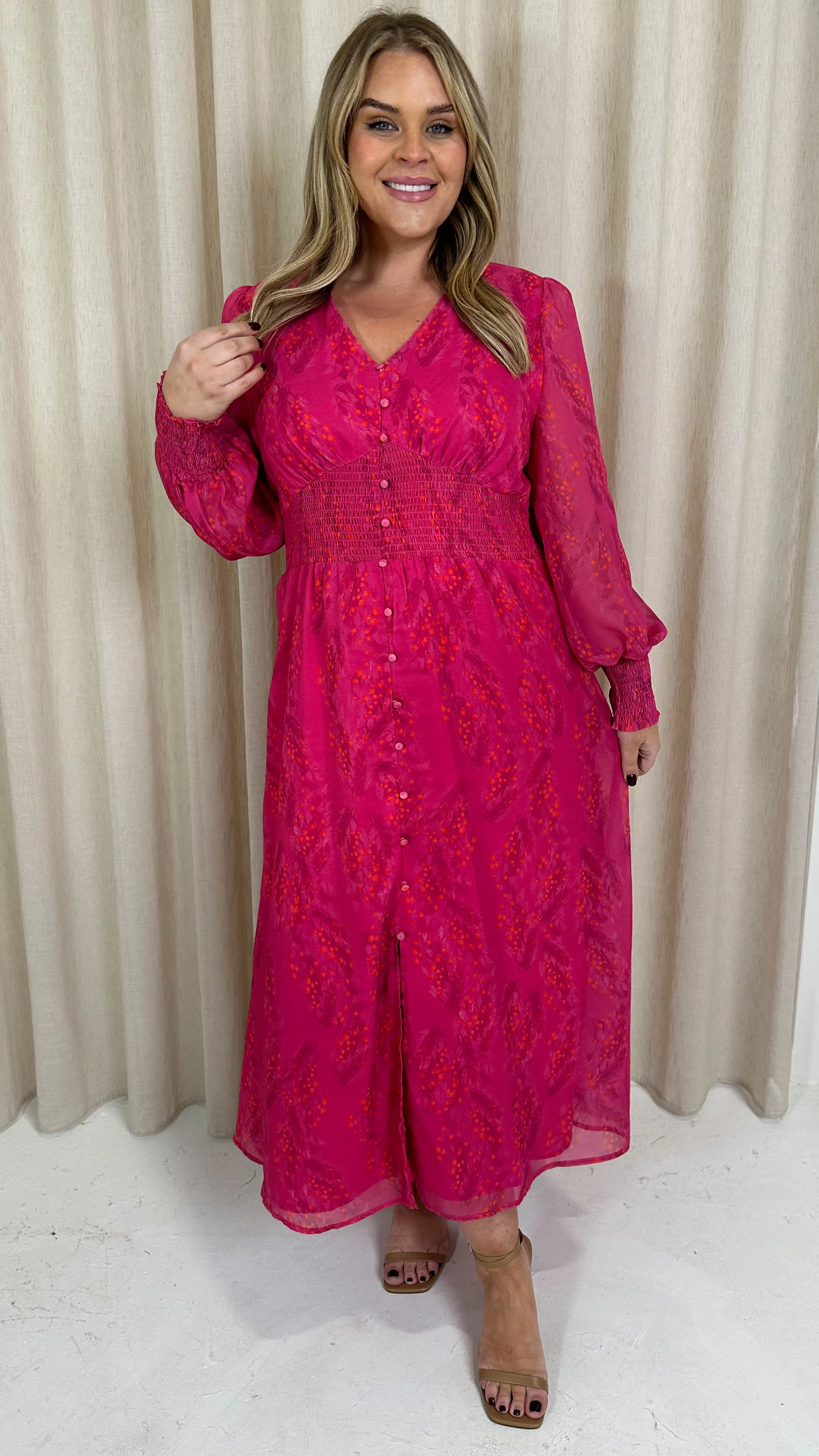 CurveWow Button Front Maxi Dress Magenta Floral - Image 6