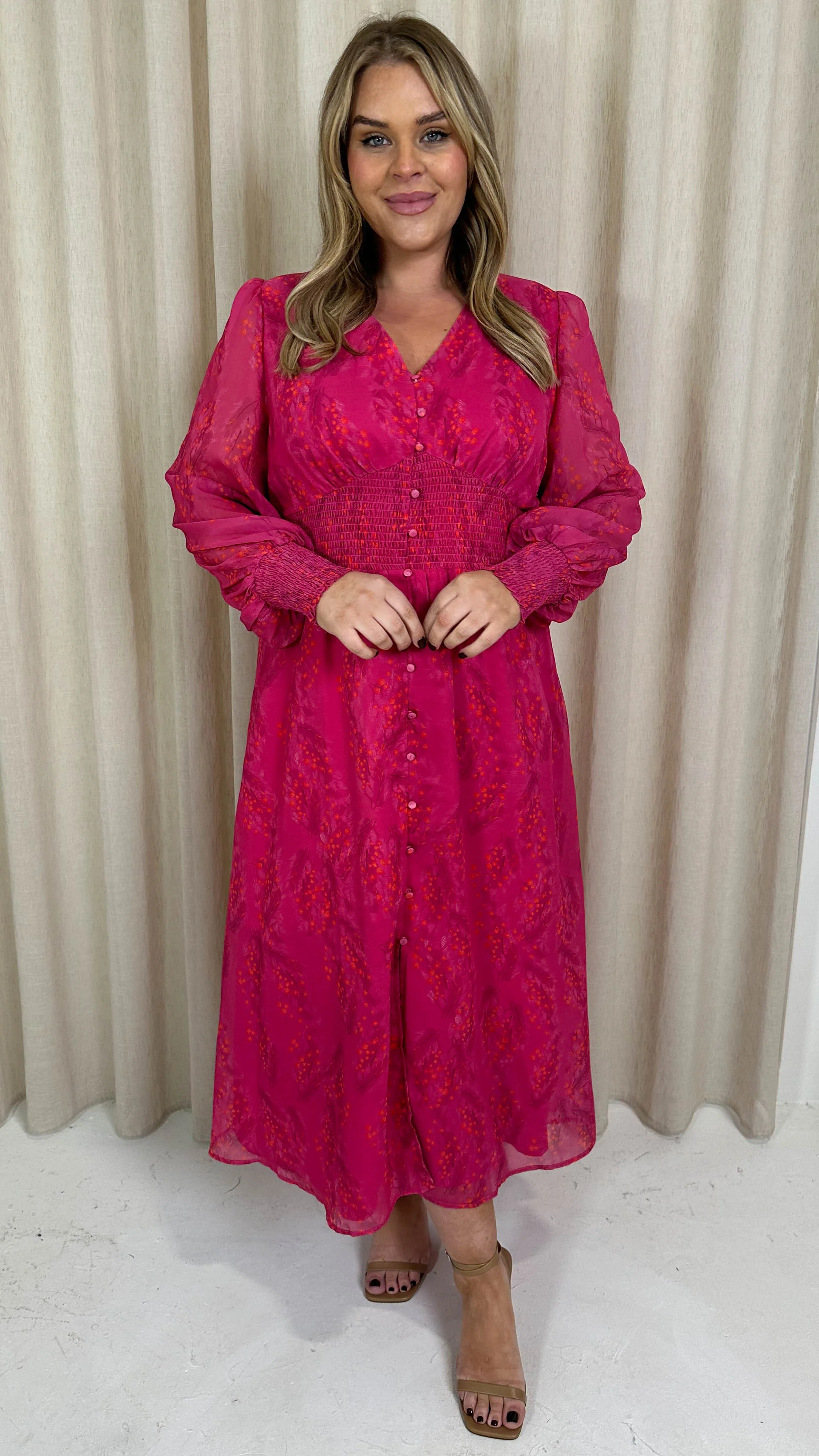CurveWow Button Front Maxi Dress Magenta Floral - Image 7