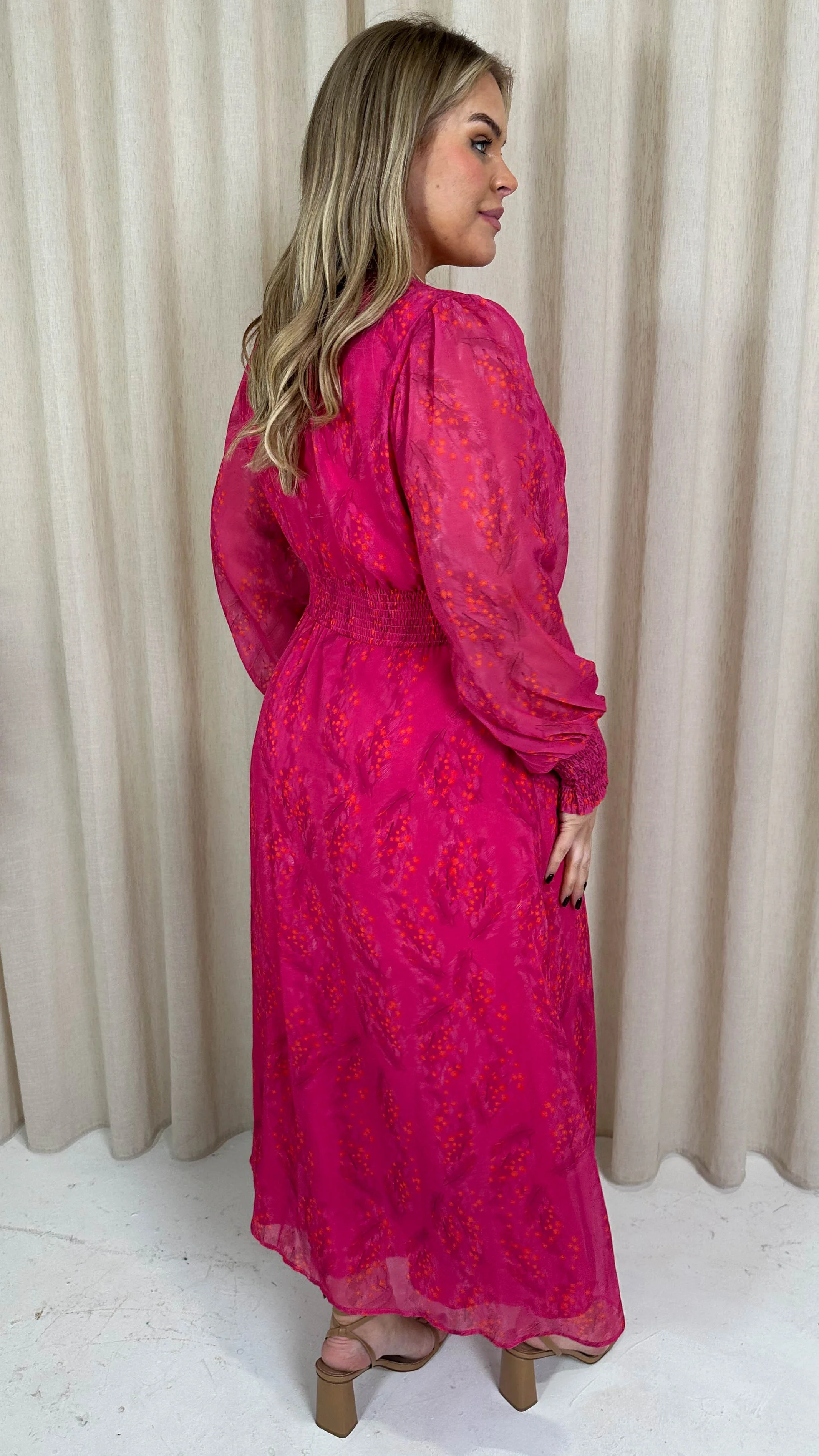 CurveWow Button Front Maxi Dress Magenta Floral - Image 8