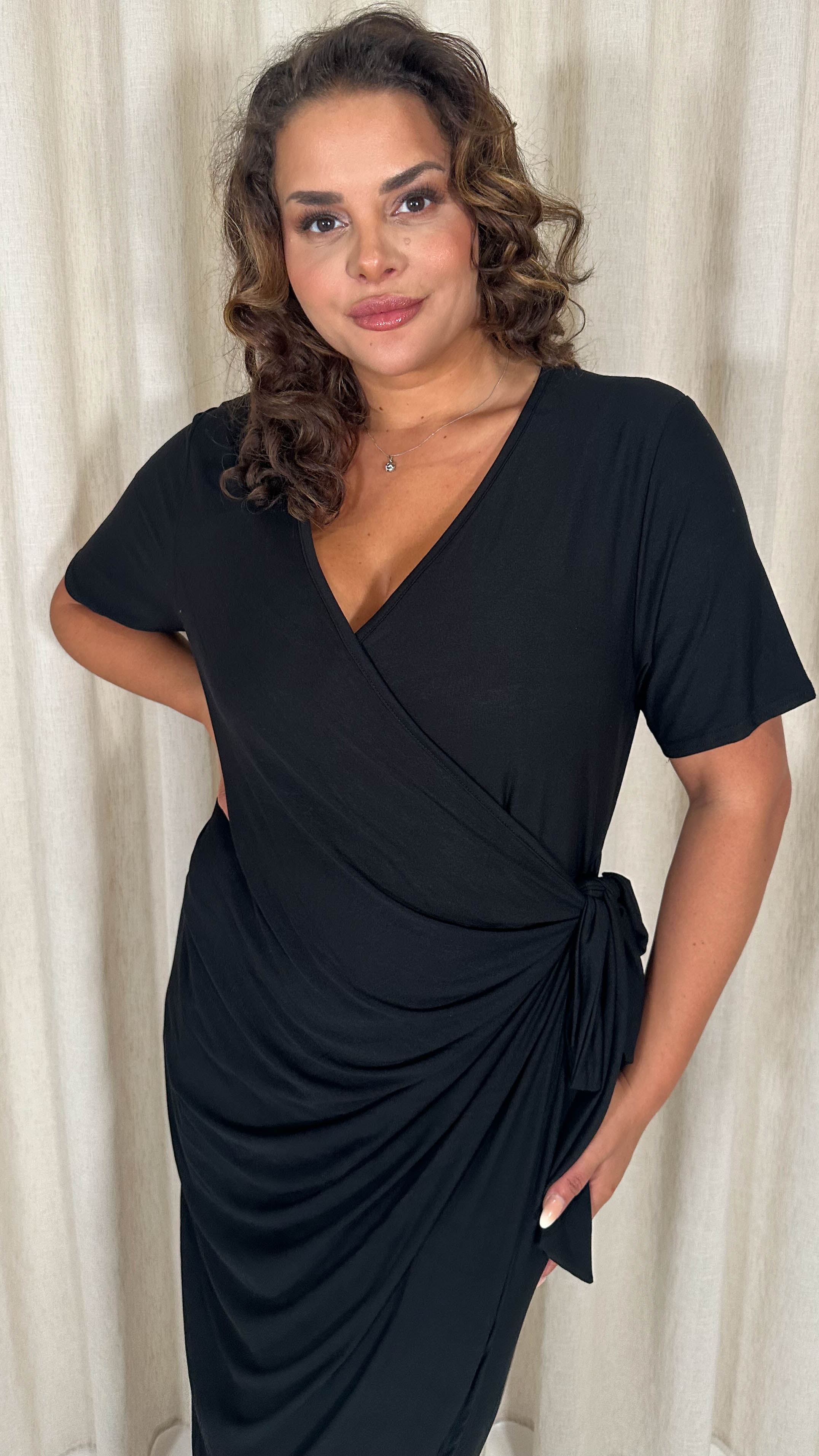 CurveWow Casual Jersey Wrap Dress Black - Image 2