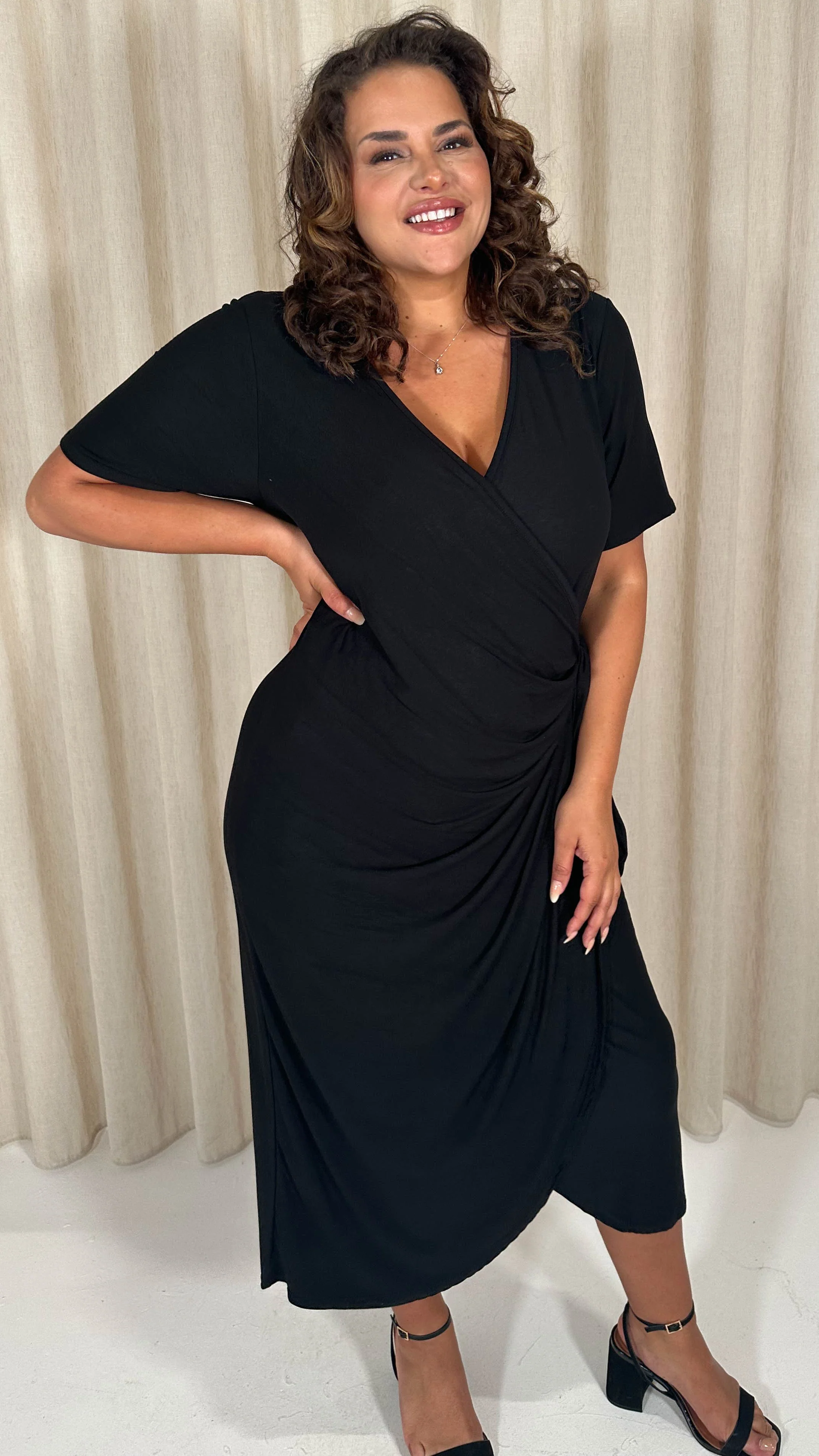 CurveWow Casual Jersey Wrap Dress Black - Image 3
