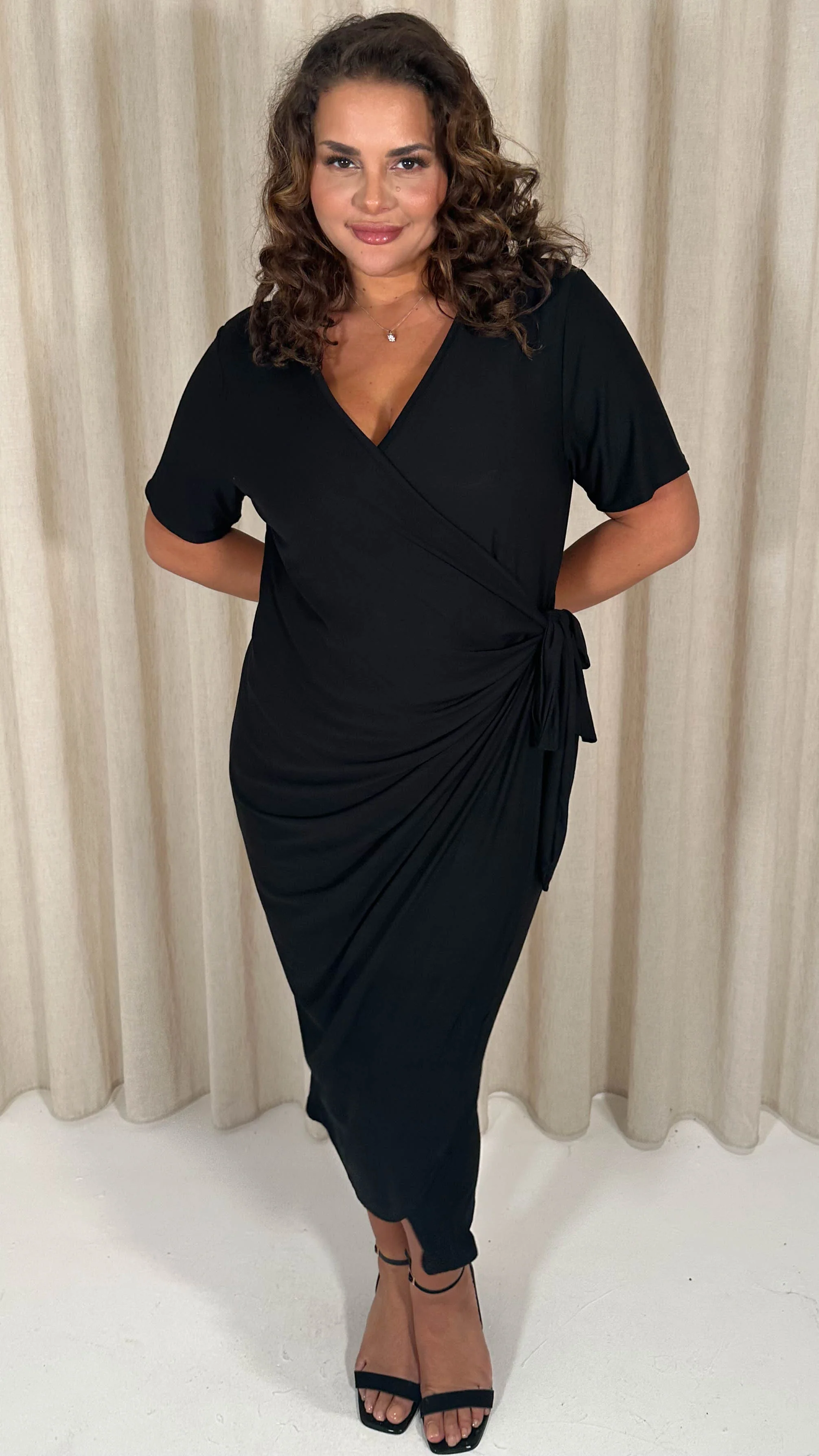 CurveWow Casual Jersey Wrap Dress Black - Image 5