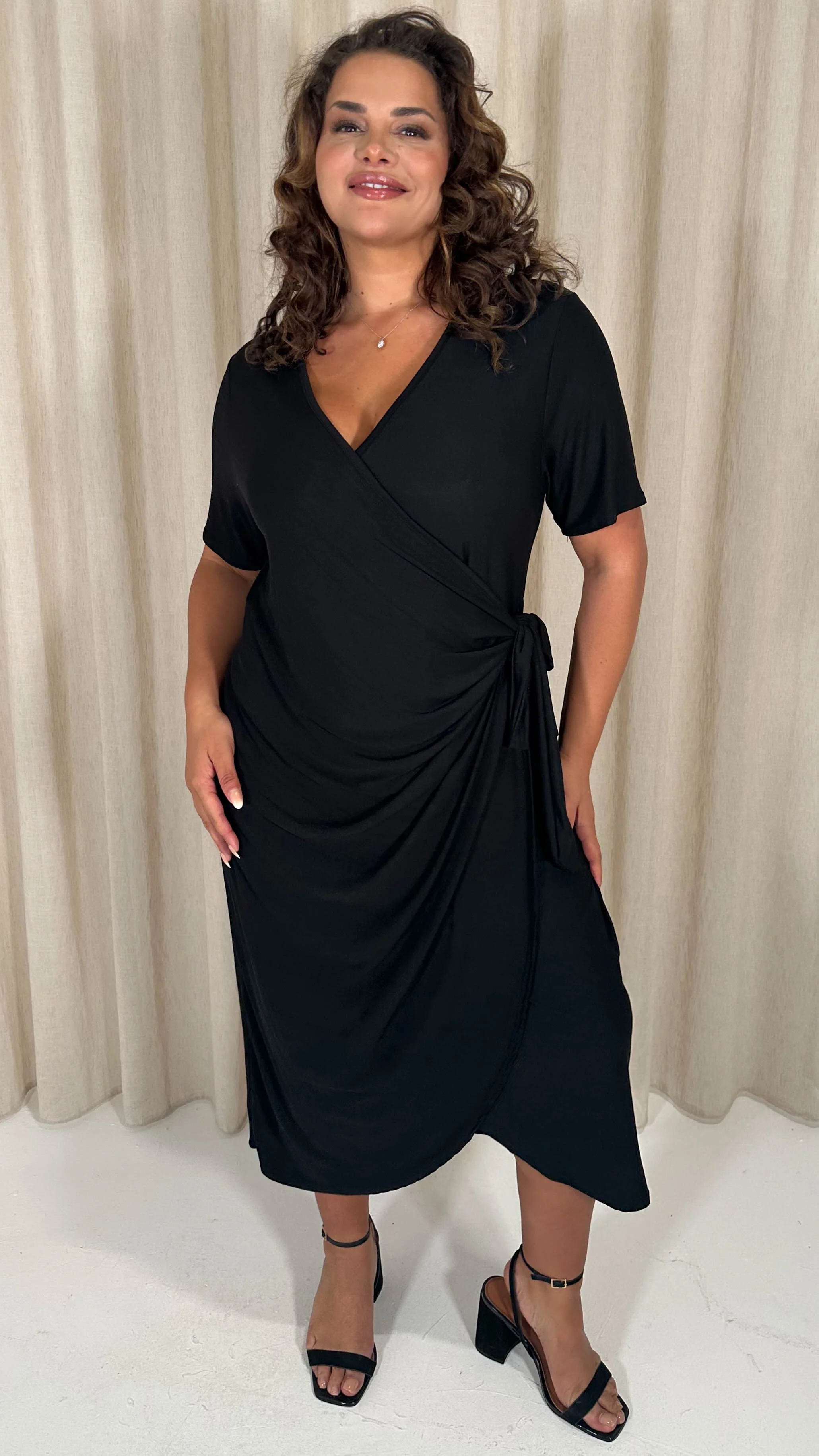 CurveWow Casual Jersey Wrap Dress Black - Image 6