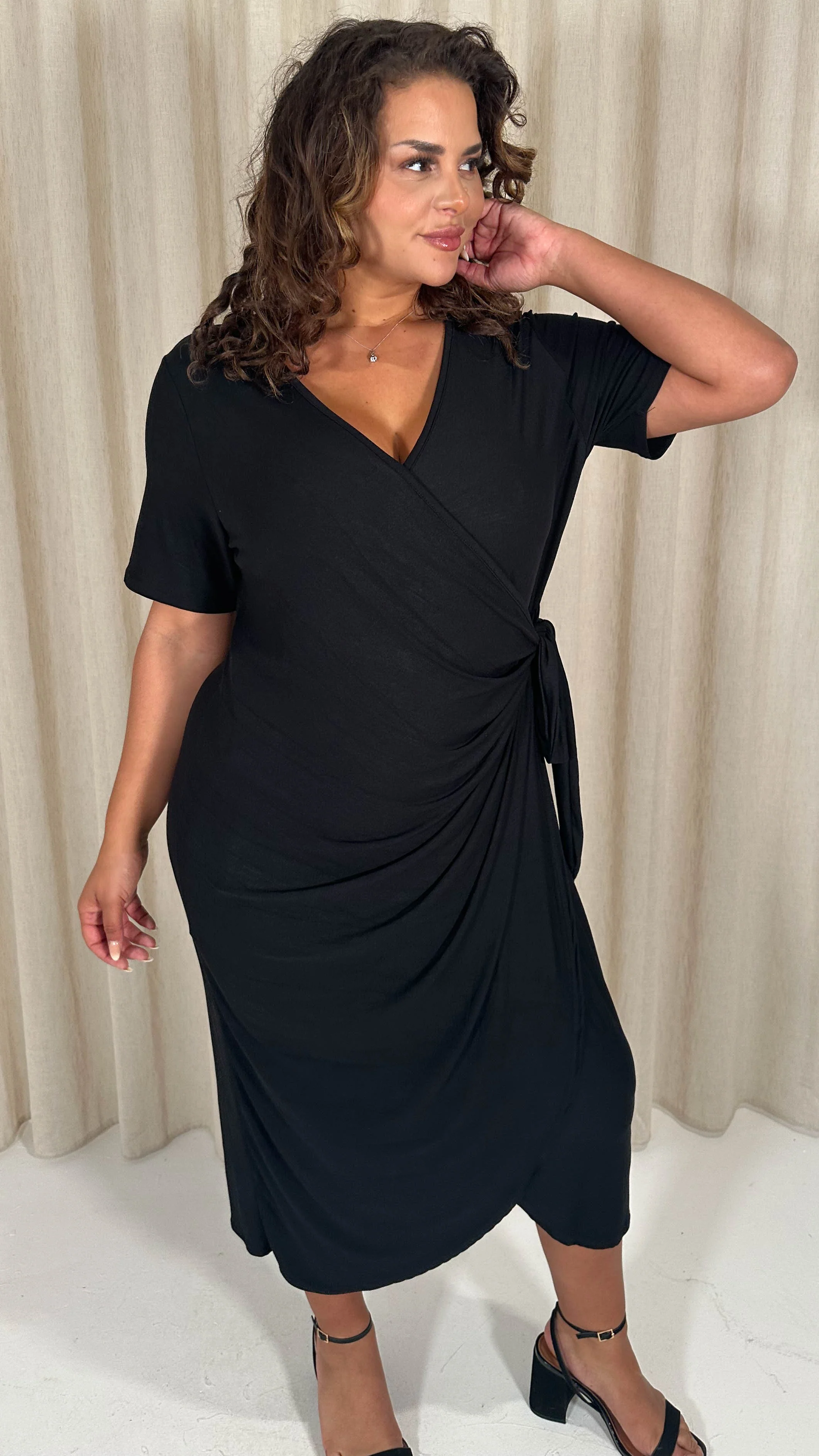 CurveWow Casual Jersey Wrap Dress Black - Image 7