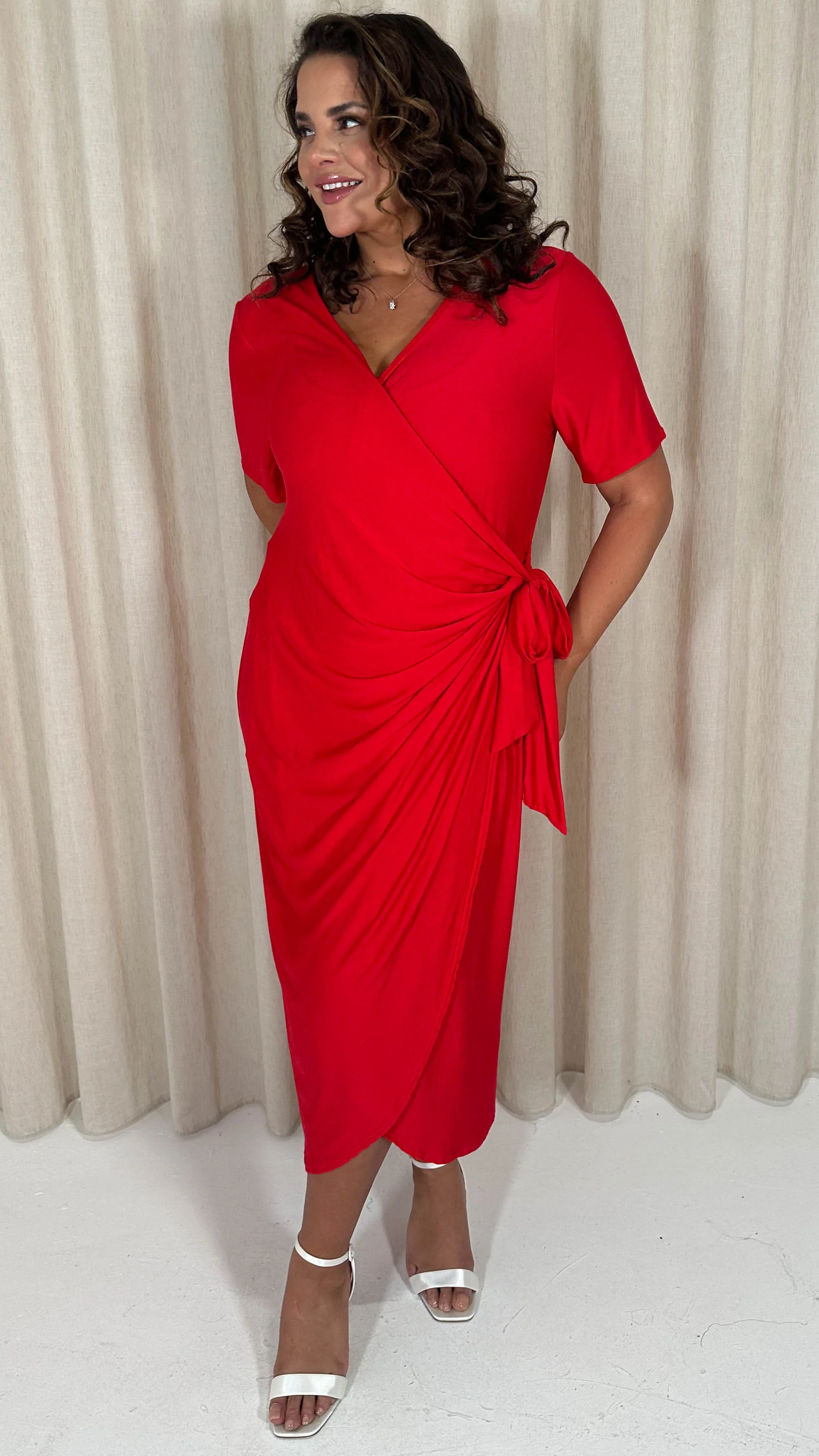 CurveWow Casual Jersey Wrap Dress Red - Image 3