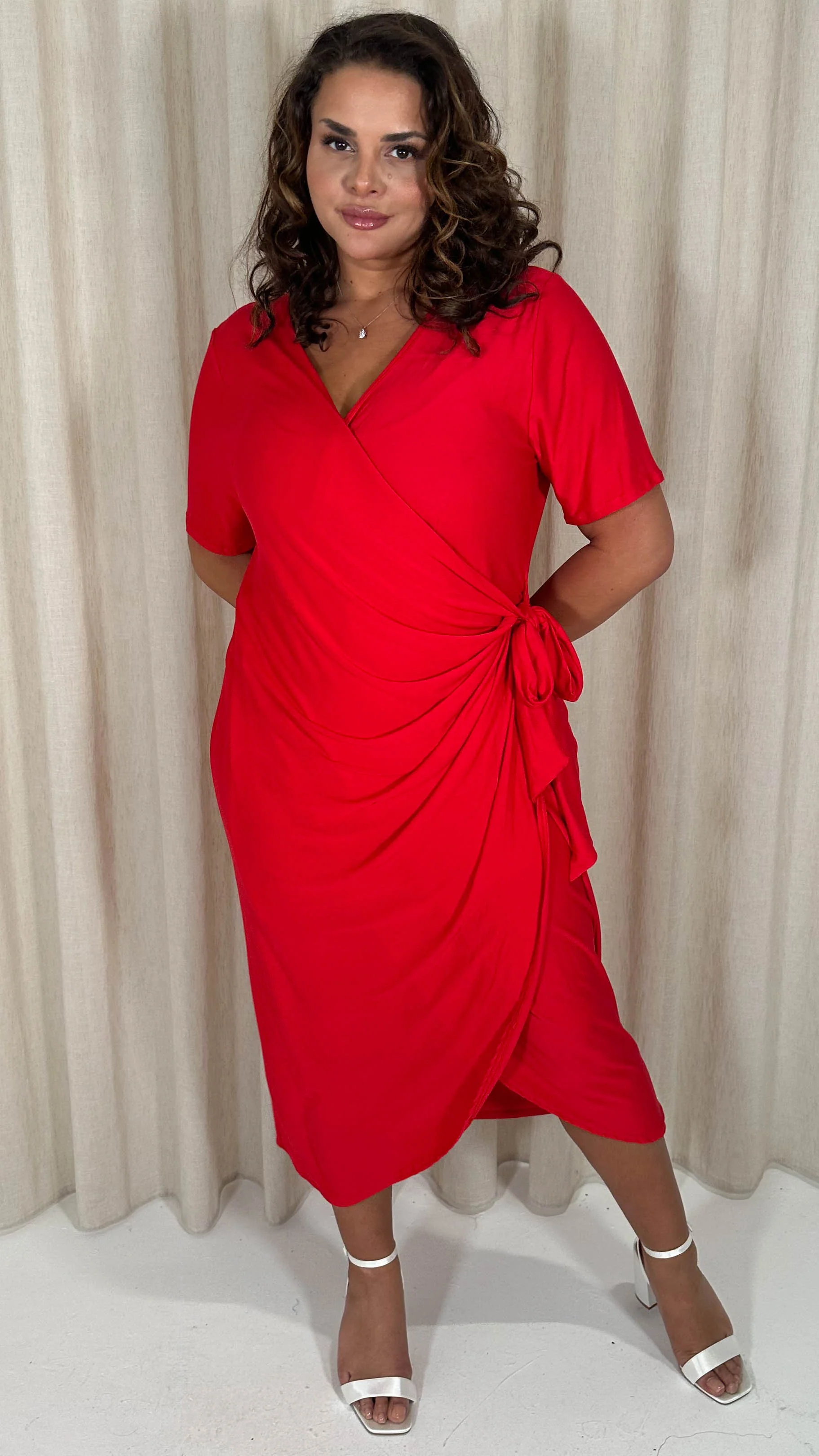 CurveWow Casual Jersey Wrap Dress Red - Image 4