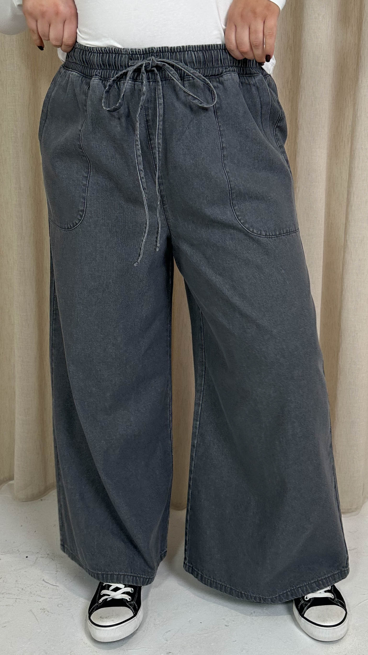 CurveWow Chambray Wide Leg Trousers Grey Wash - Image 3