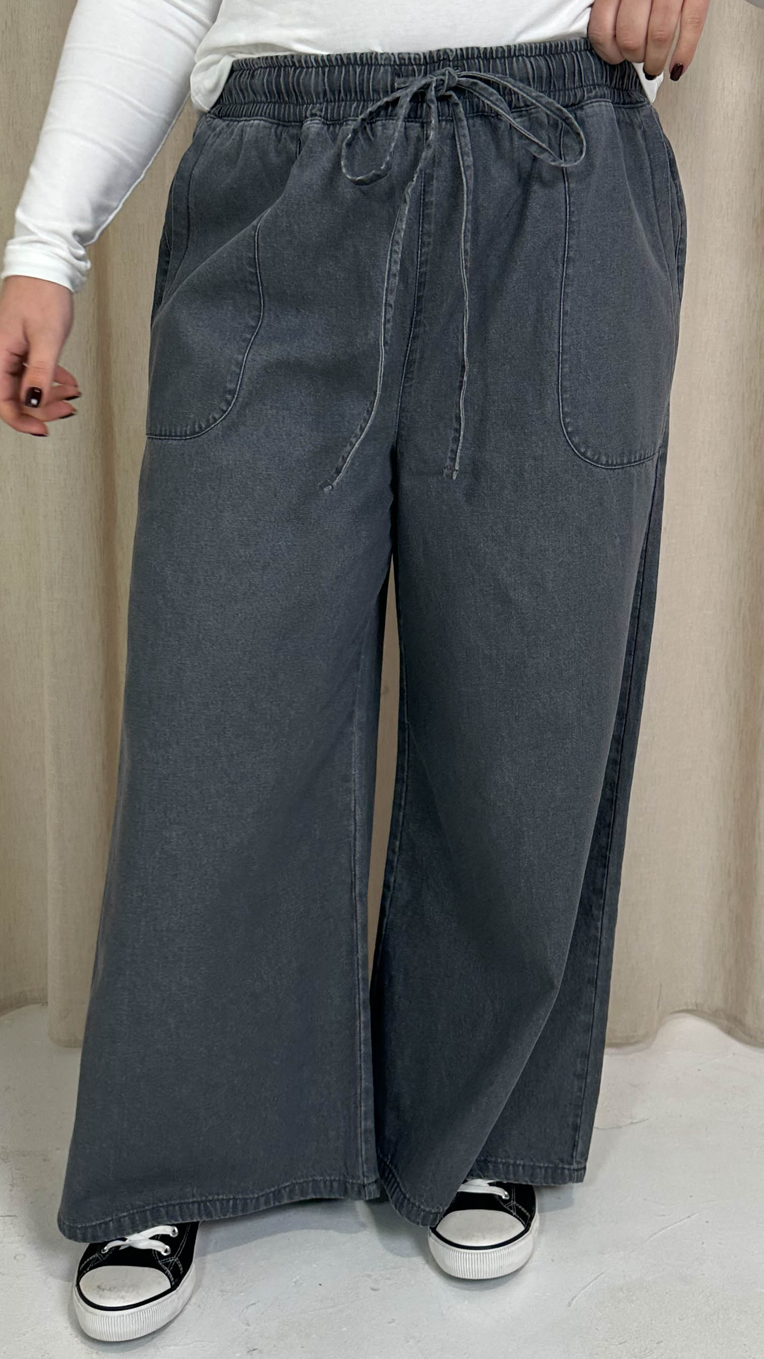 CurveWow Chambray Wide Leg Trousers Grey Wash - Image 4