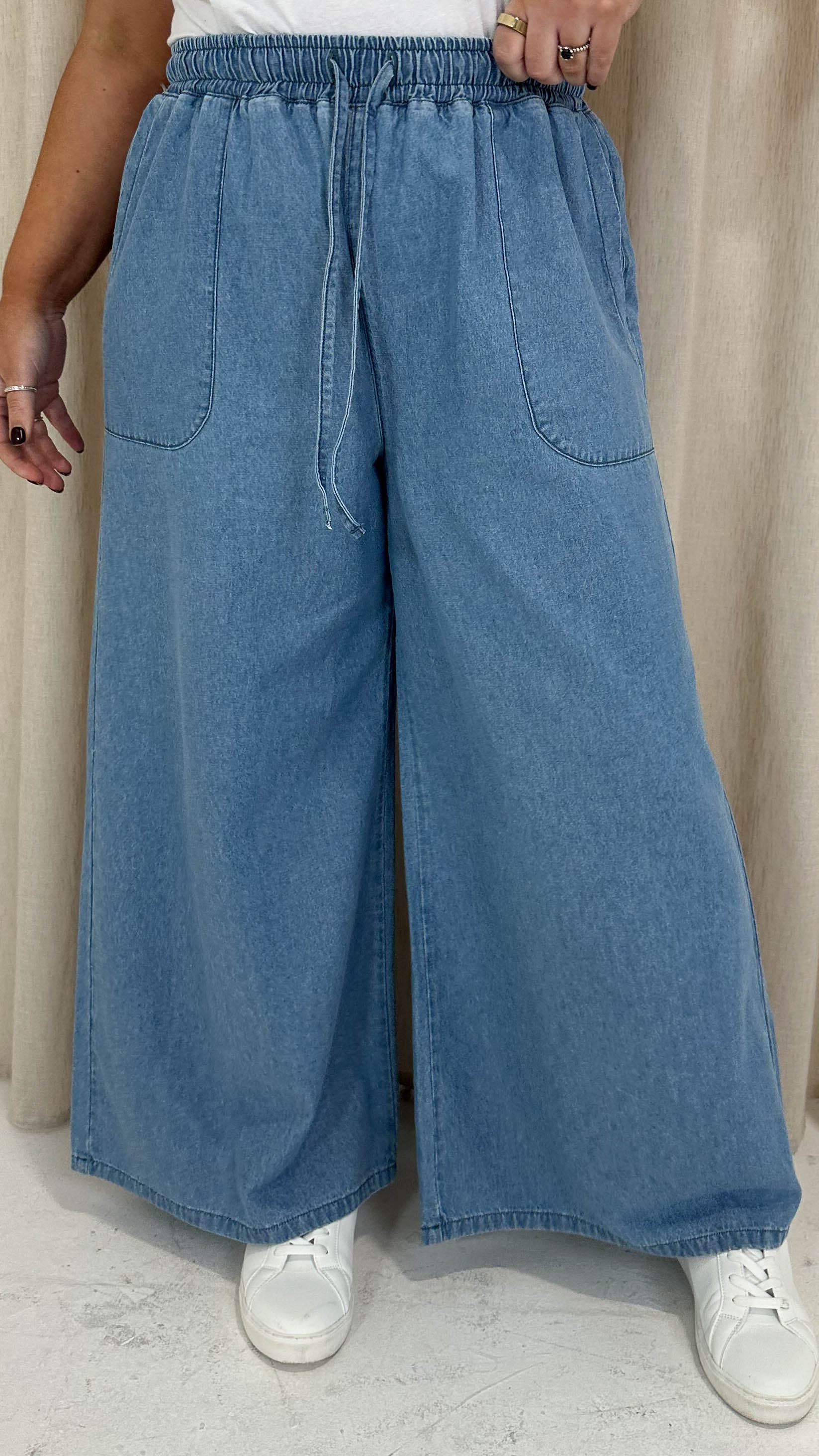 CurveWow Chambray Wide Leg Trousers Light Wash - Image 8