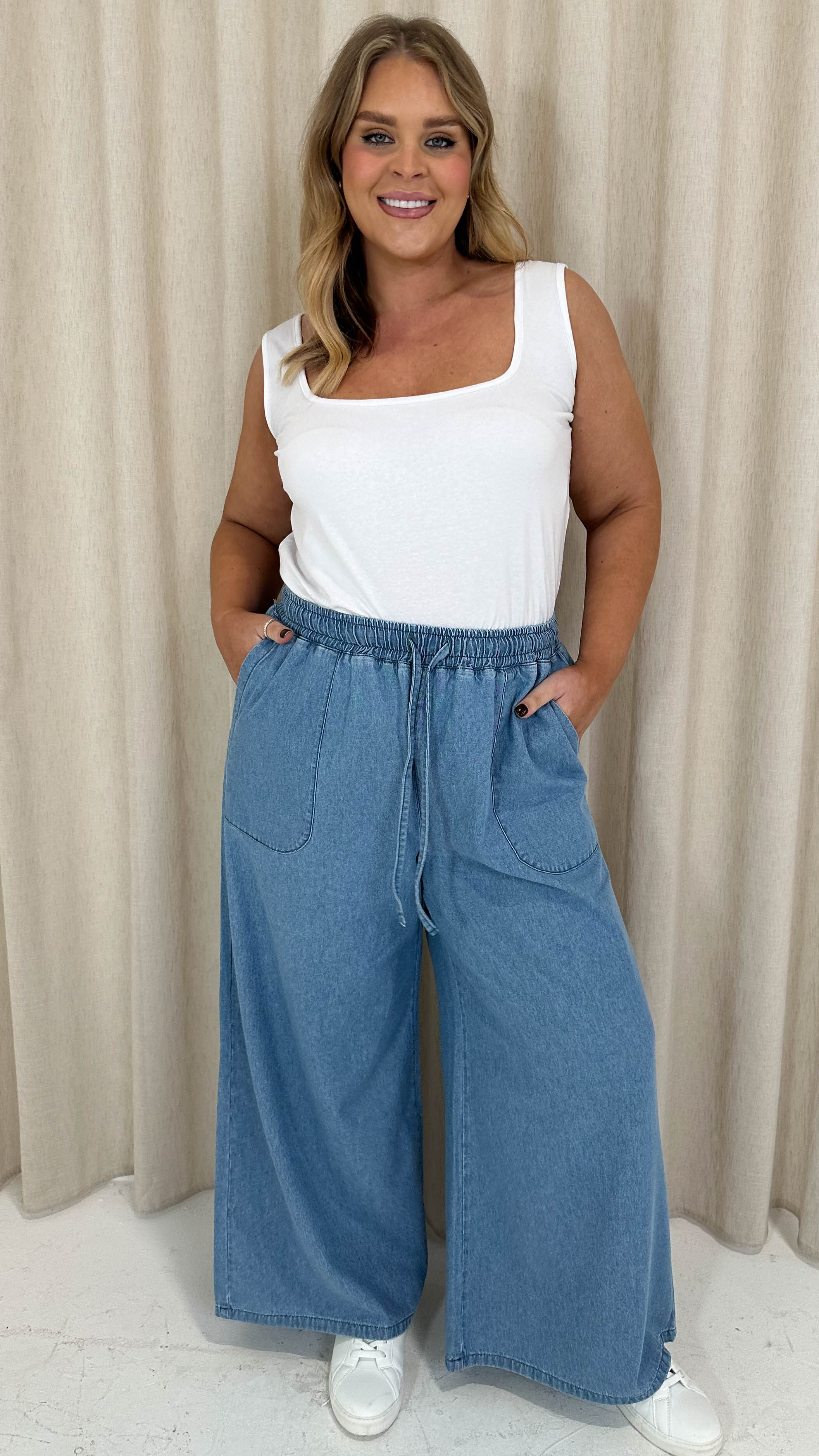 CurveWow Chambray Wide Leg Trousers Light Wash - Image 9