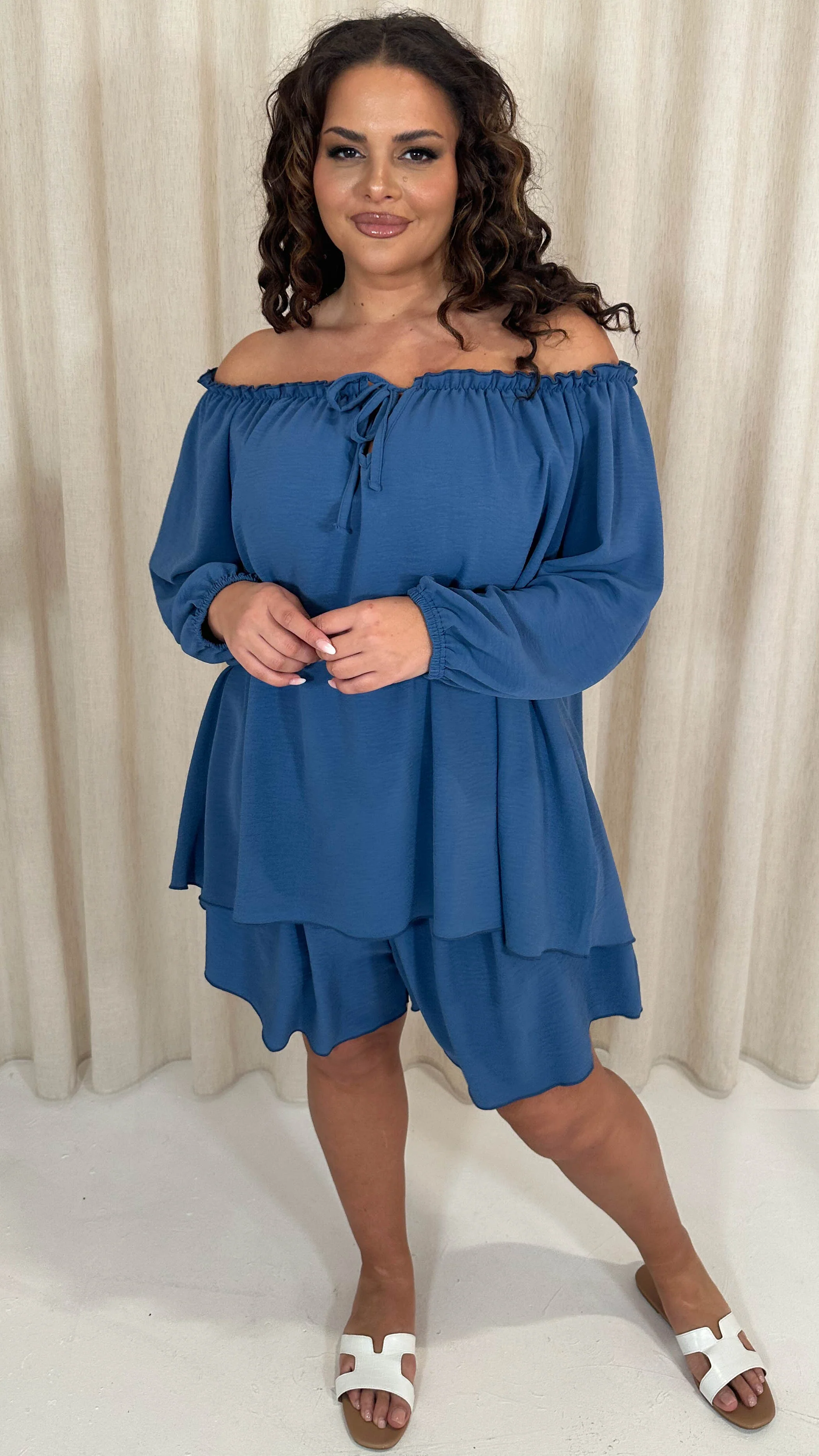 CurveWow Off The Shoulder Lantern Sleeve Tie Front Top Blue - Image 7