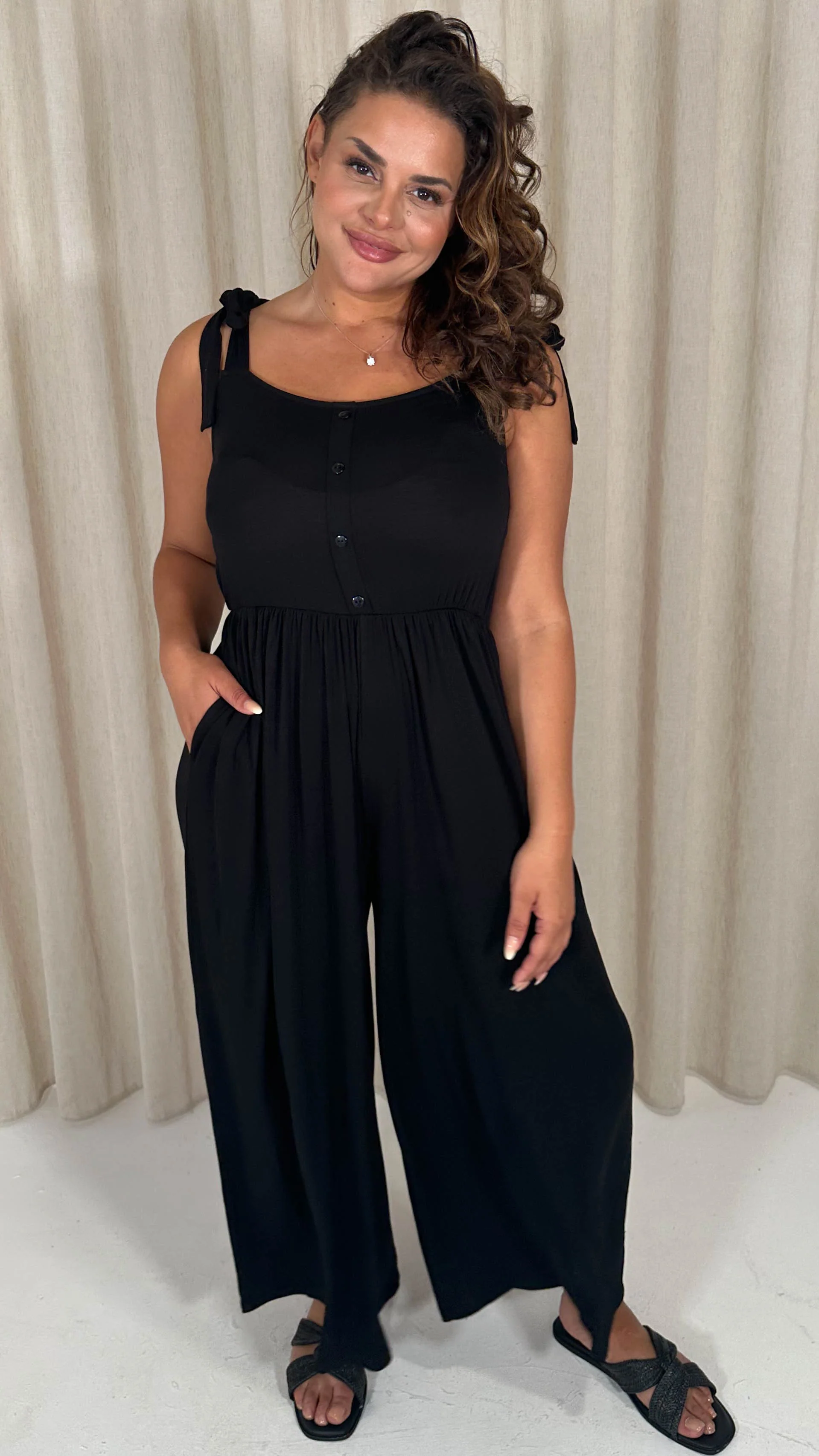 CurveWow Tie Strappy Wideleg Jumpsuit Black