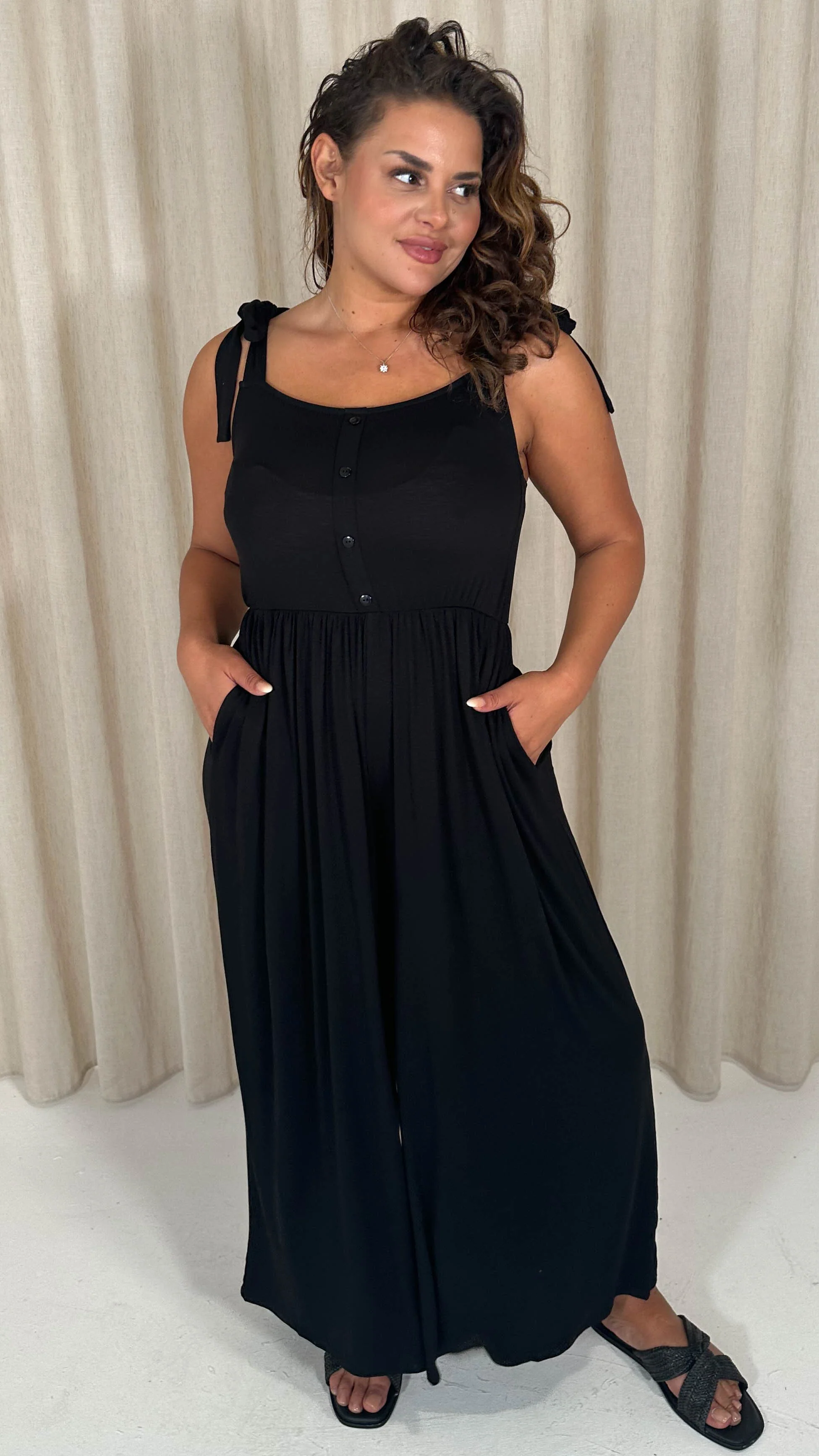 CurveWow Tie Strappy Wideleg Jumpsuit Black - Image 3