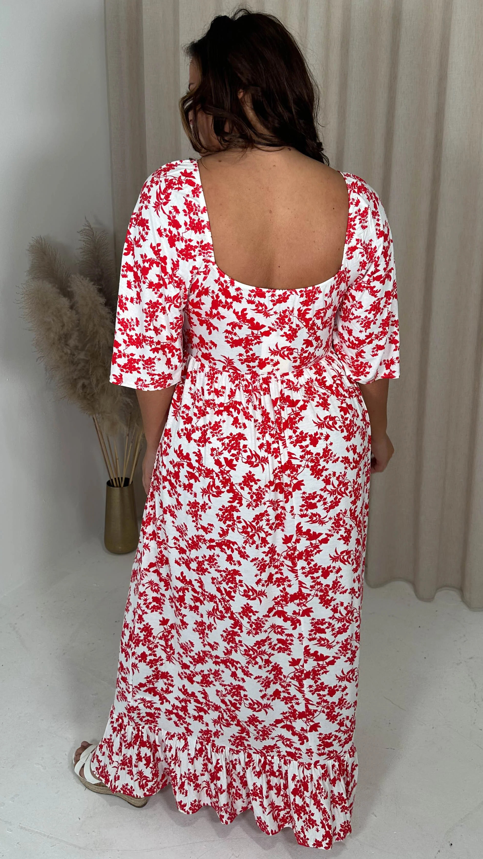 CurveWow Ruched Front Angel Sleeve Maxi Red Floral - Image 8