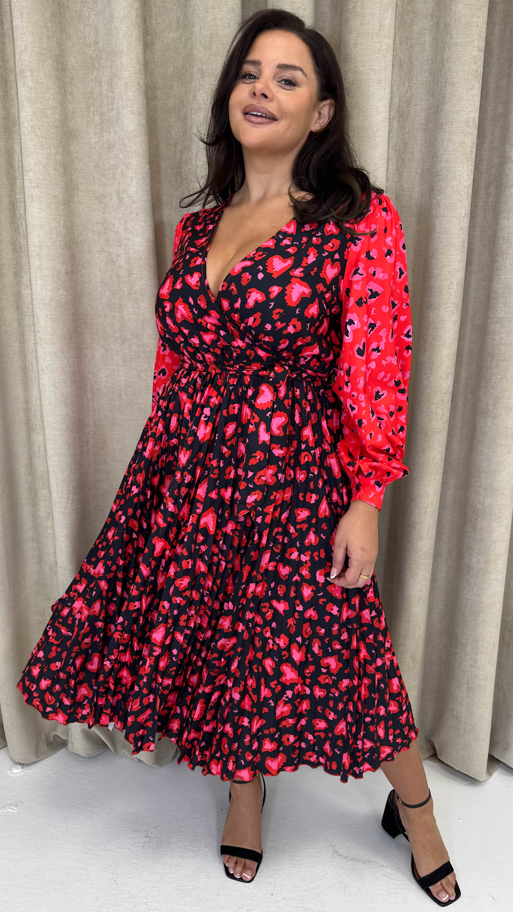 CurveWow Printed Pleated Midi Dress Red Animal Mix - Image 3