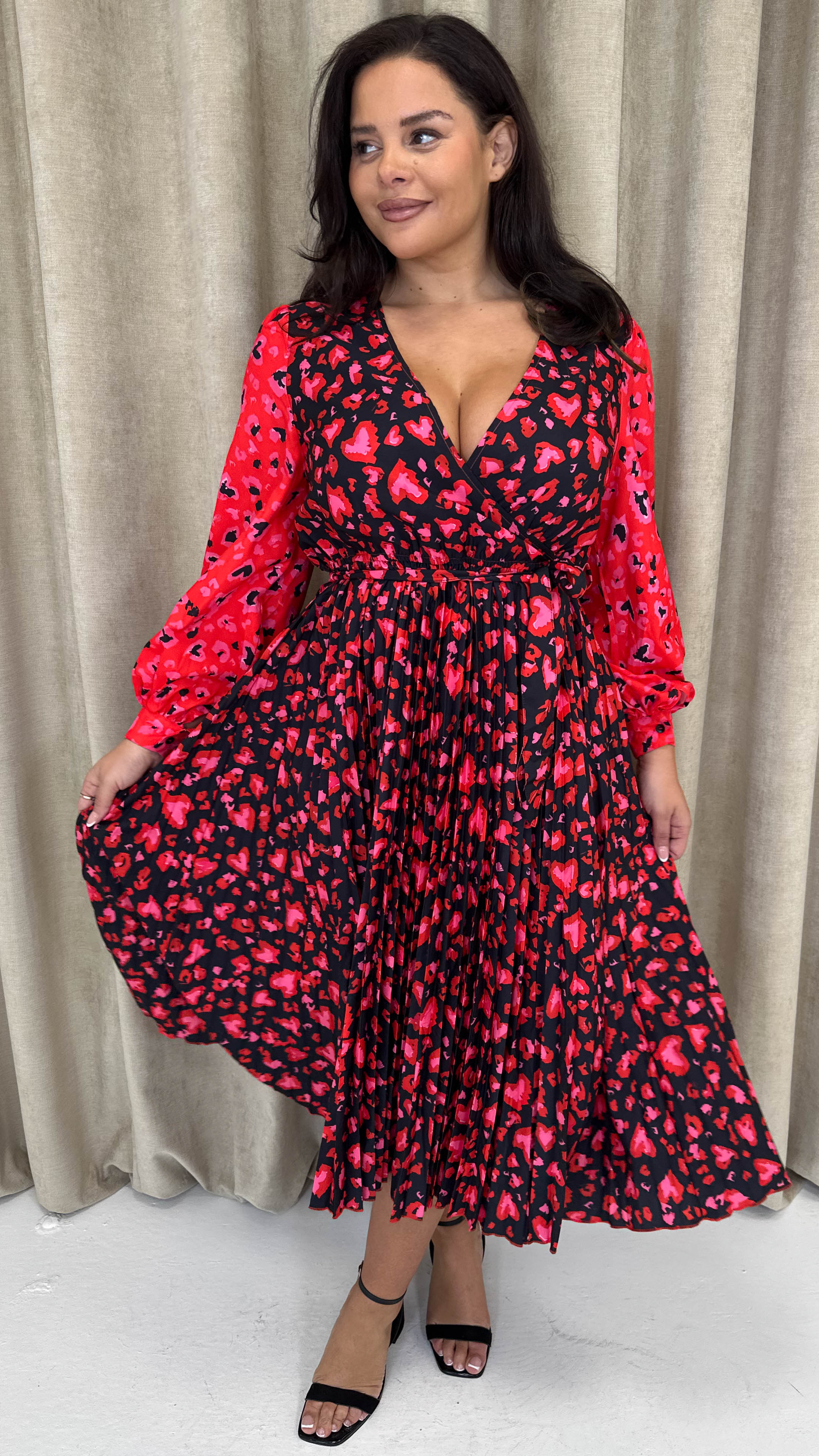 CurveWow Printed Pleated Midi Dress Red Animal Mix - Image 6