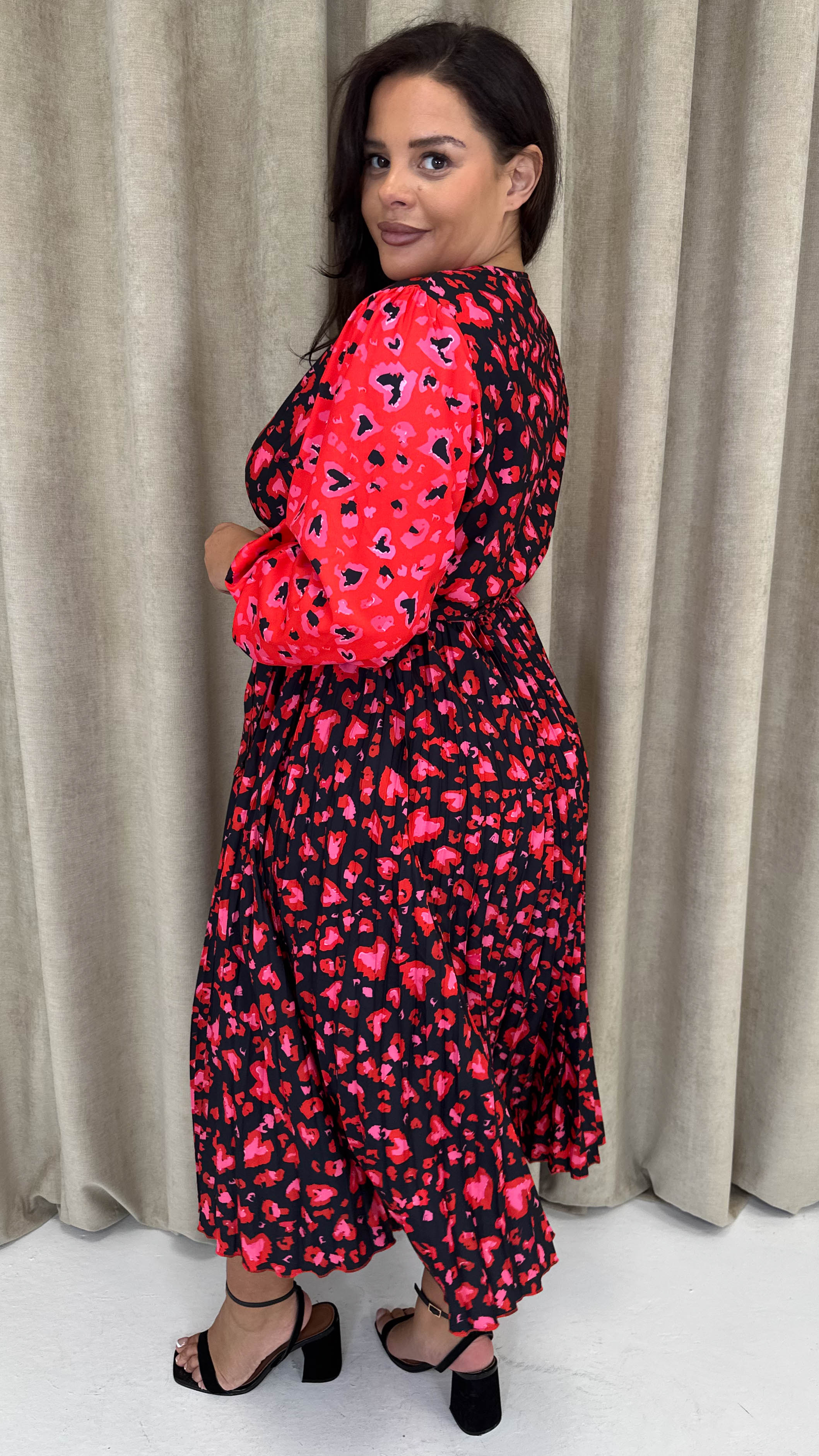 CurveWow Printed Pleated Midi Dress Red Animal Mix - Image 8