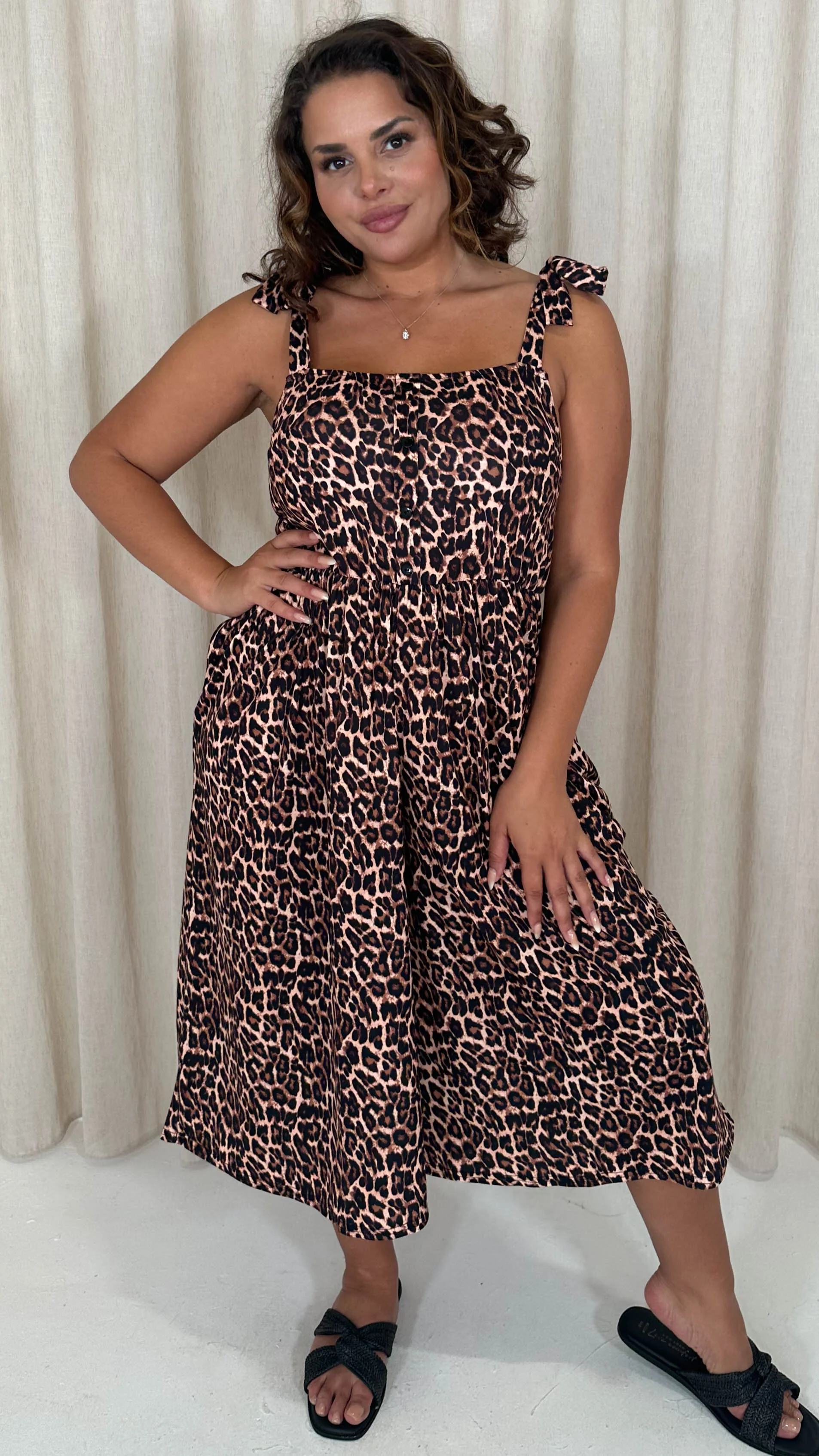 CurveWow Printed Tie Strappy Culotte Jumpsuit Leopard