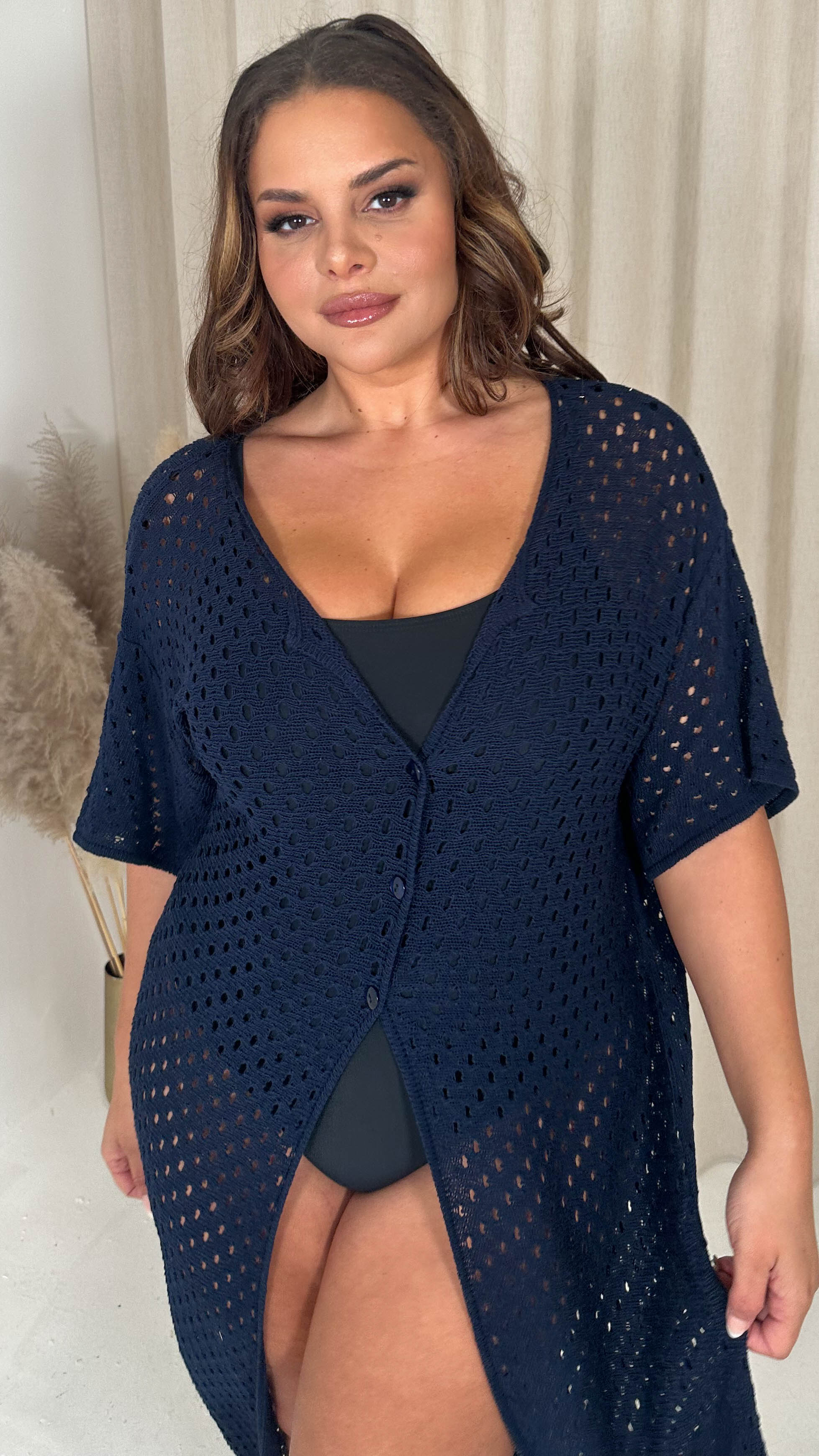 CurveWow Crochet Knitted Cardigan Navy - Image 5