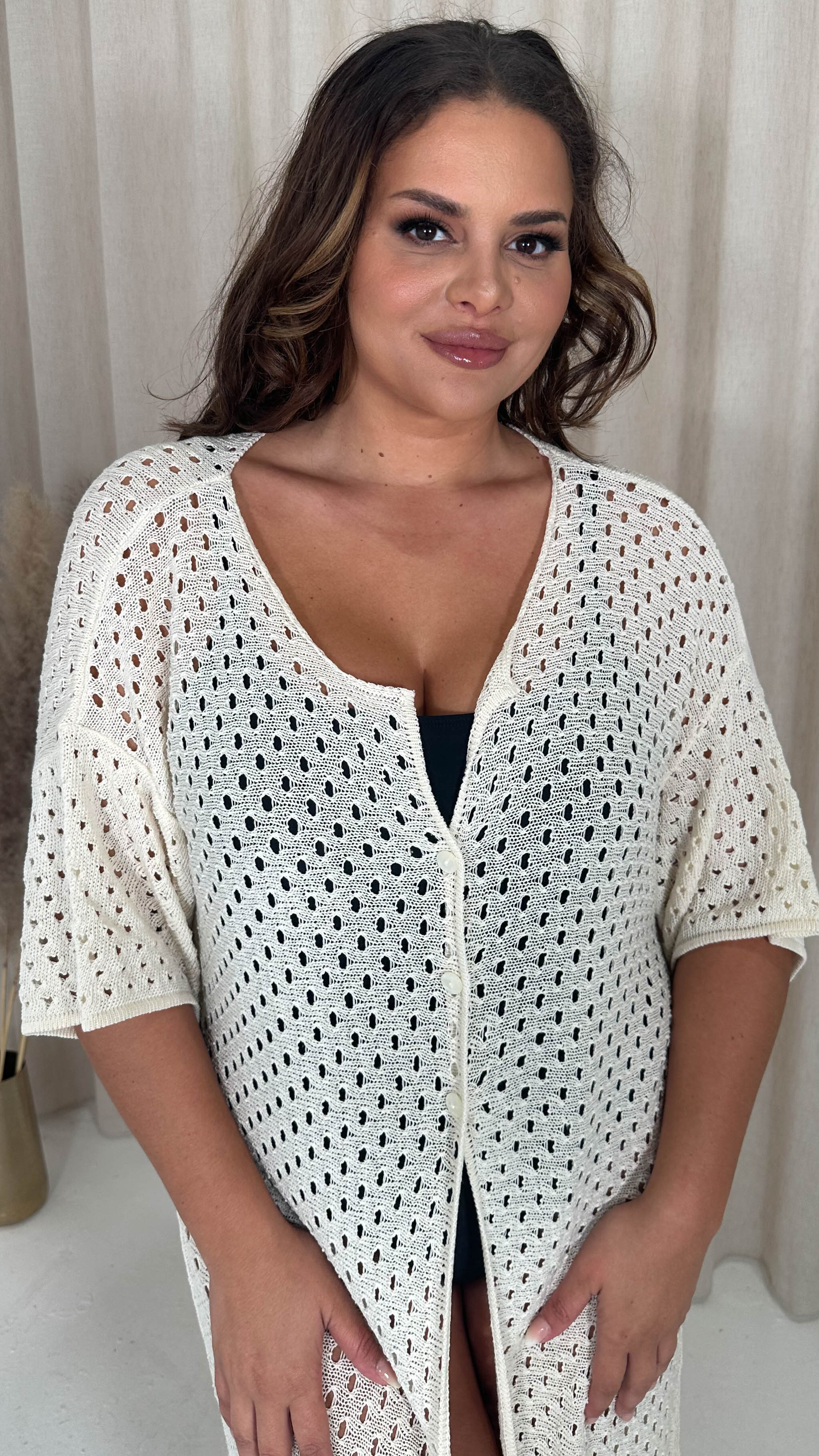 CurveWow Crochet Knitted Cardigan Oatmeal - Image 3