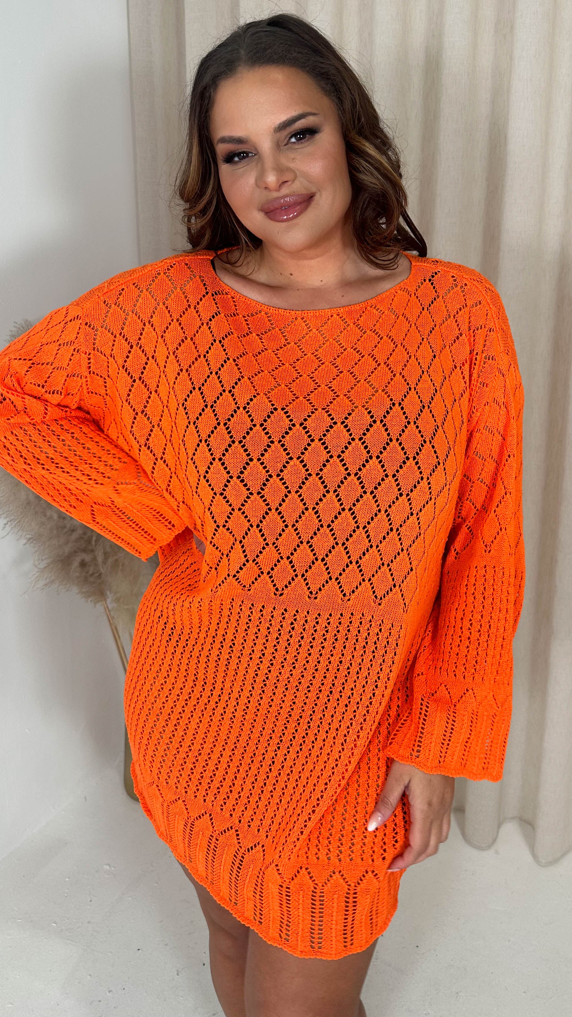 CurveWow Crochet Knitted Long Sleeve Tunic Orange