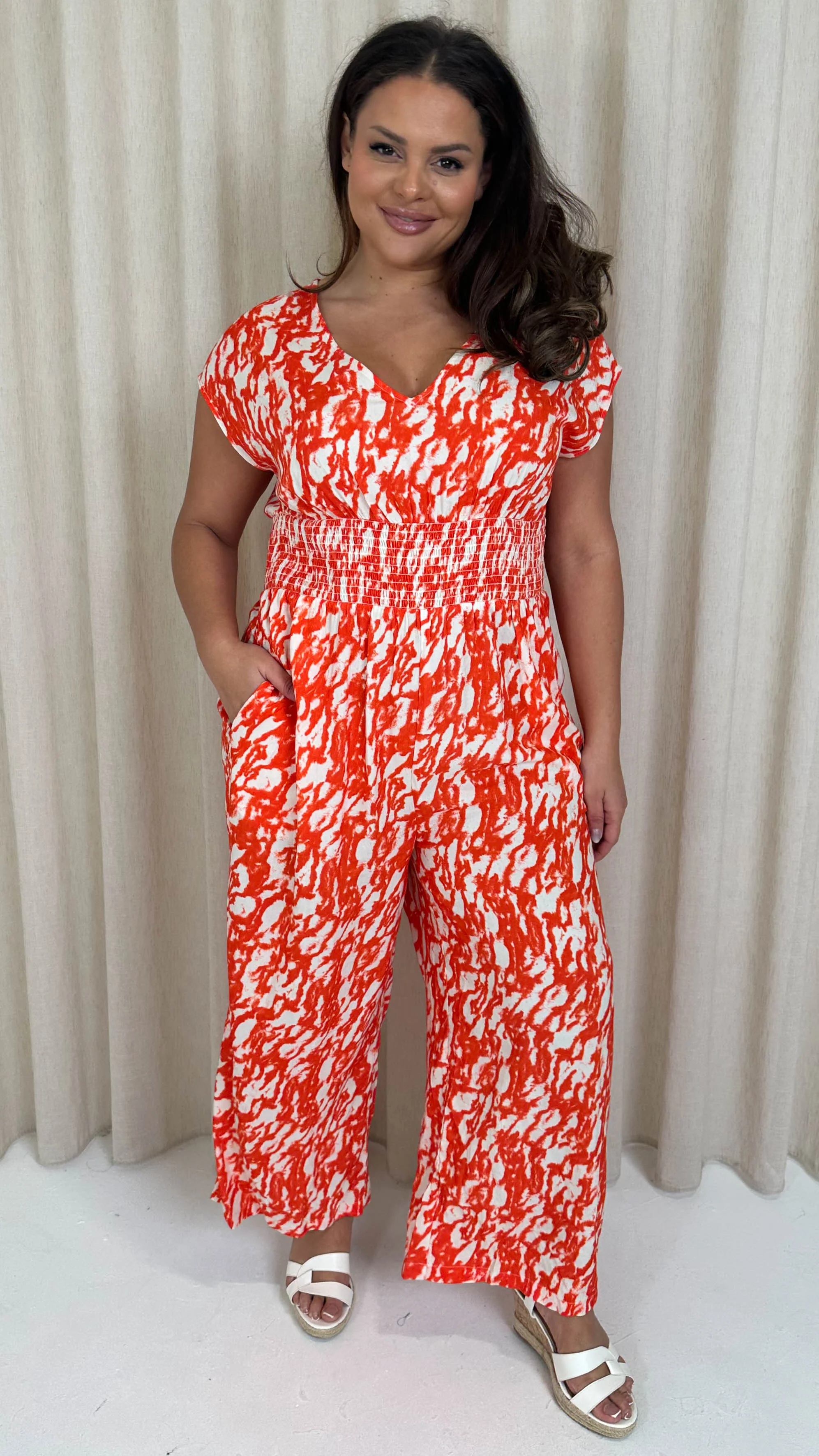CurveWow Shirred Vneck Jumpsuit Red Abstract - Image 5