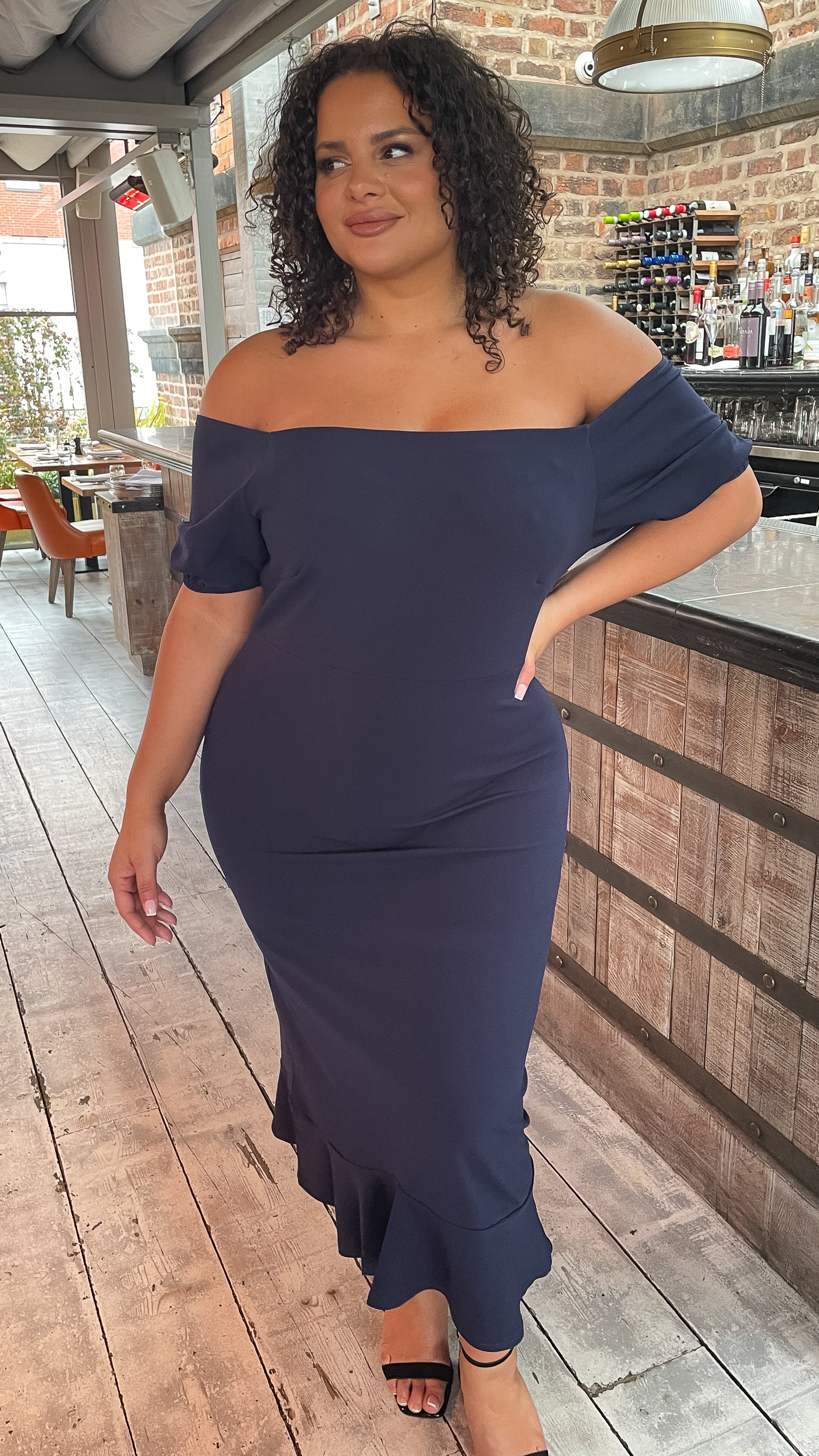 CurveWow Fishtail Bardot Dress Navy - Image 3