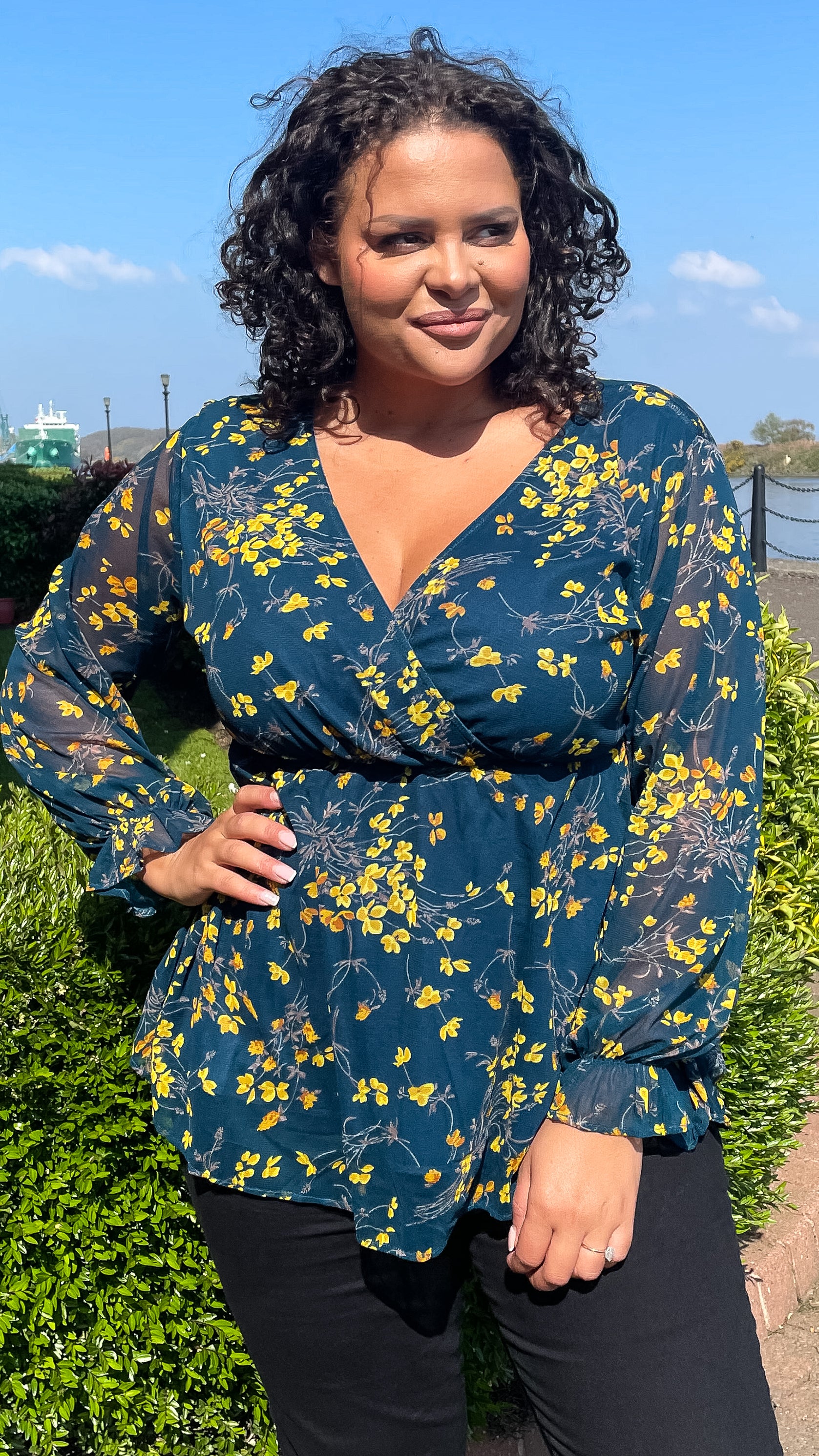 CurveWow Mesh Sleeve Wrap Top Navy Yellow Floral