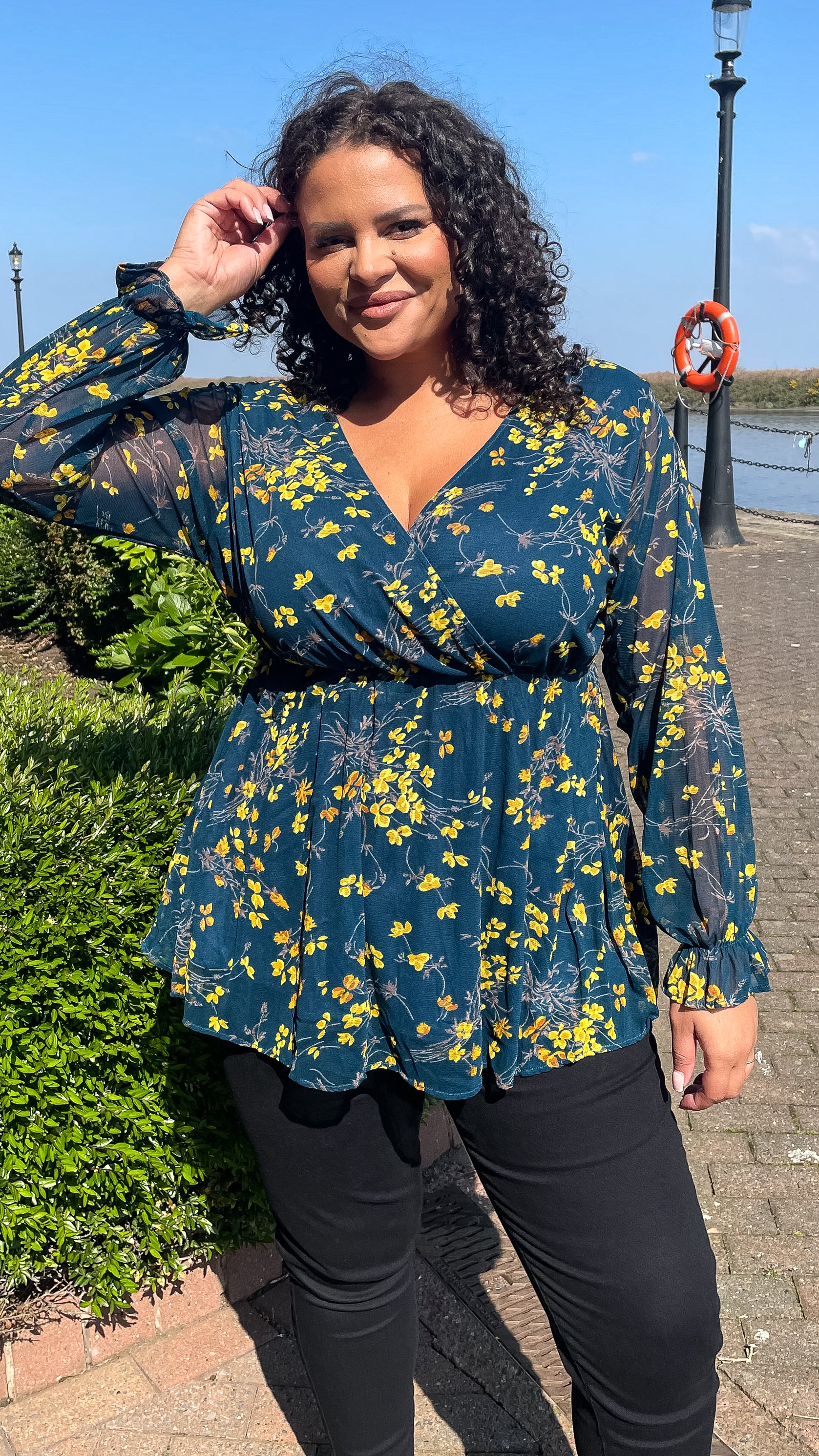 CurveWow Mesh Sleeve Wrap Top Navy Yellow Floral - Image 2