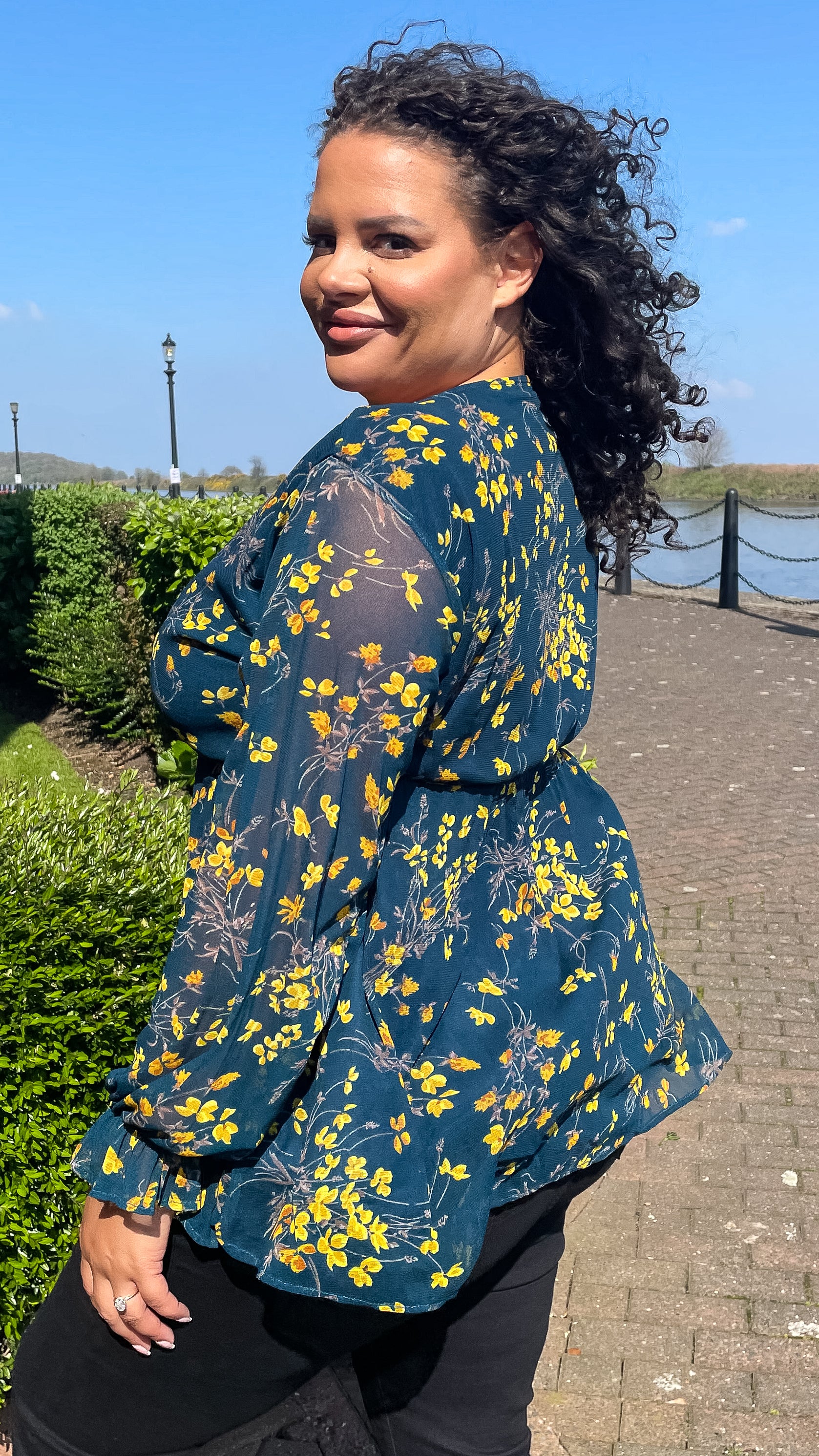 CurveWow Mesh Sleeve Wrap Top Navy Yellow Floral - Image 6