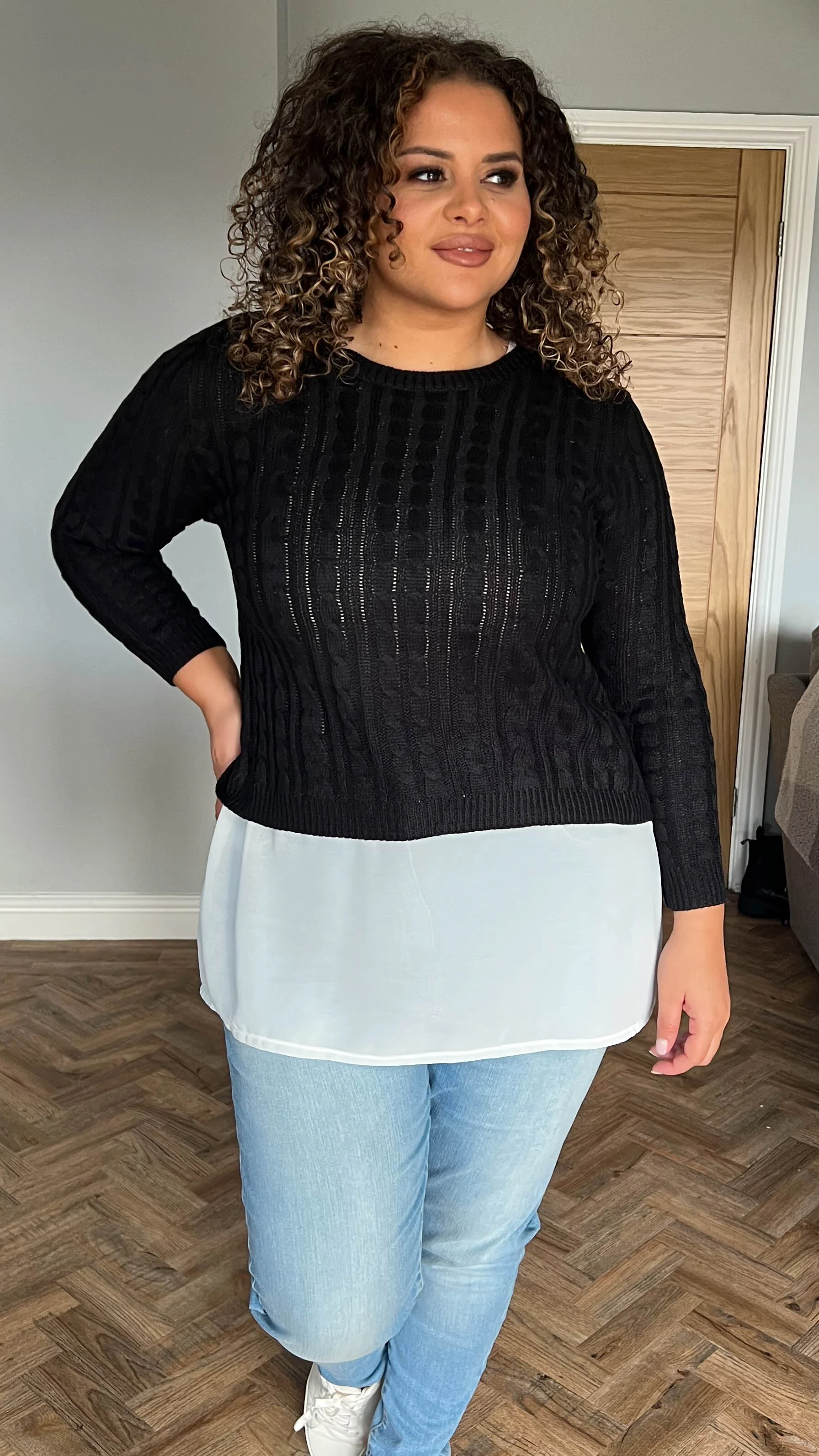 CurveWow 2 in 1 Cable Knit Jumper Black - Image 3