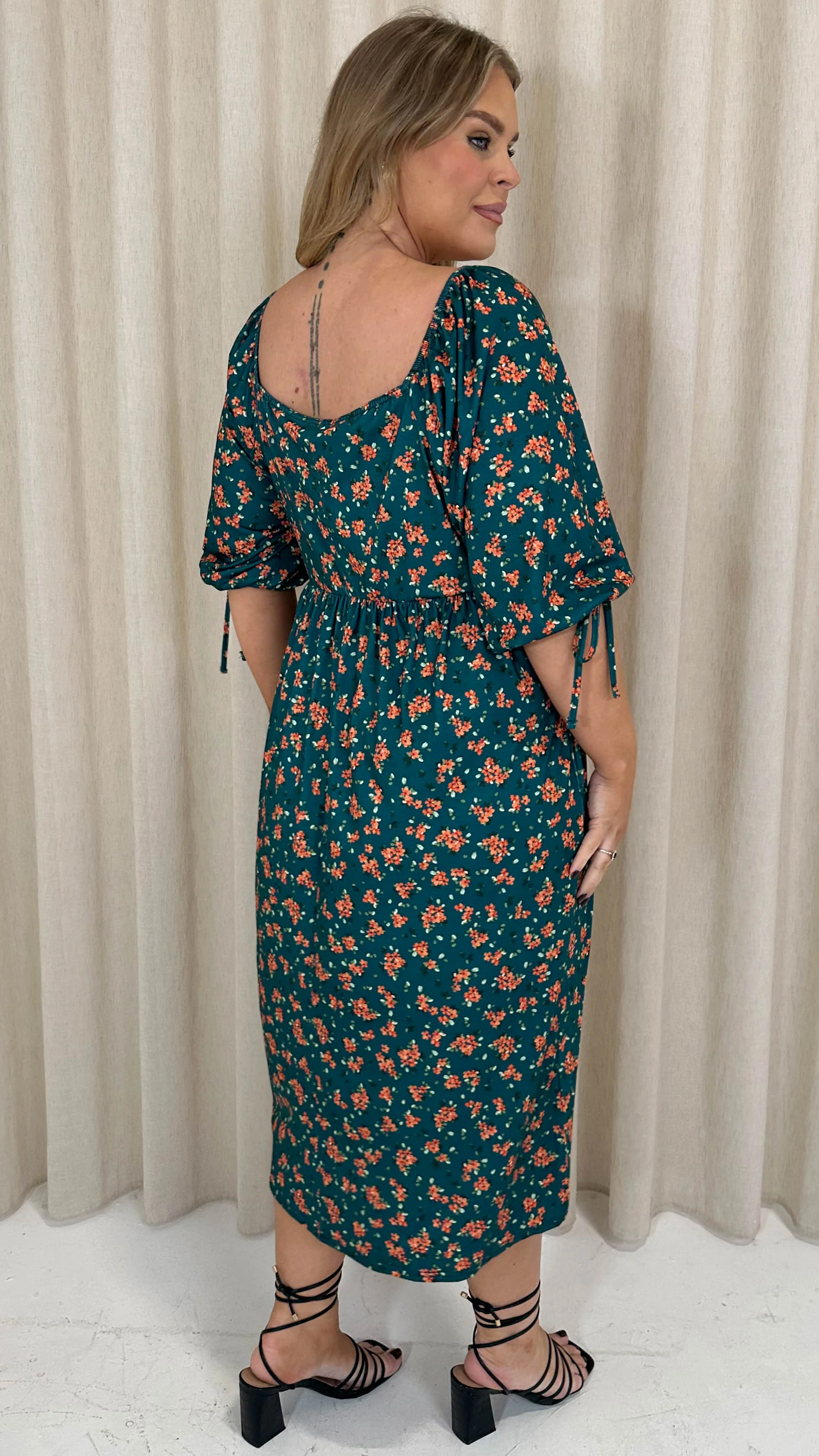 CurveWow Wrap 3/4 Balloon Sleeve Dress Green Floral - Image 8