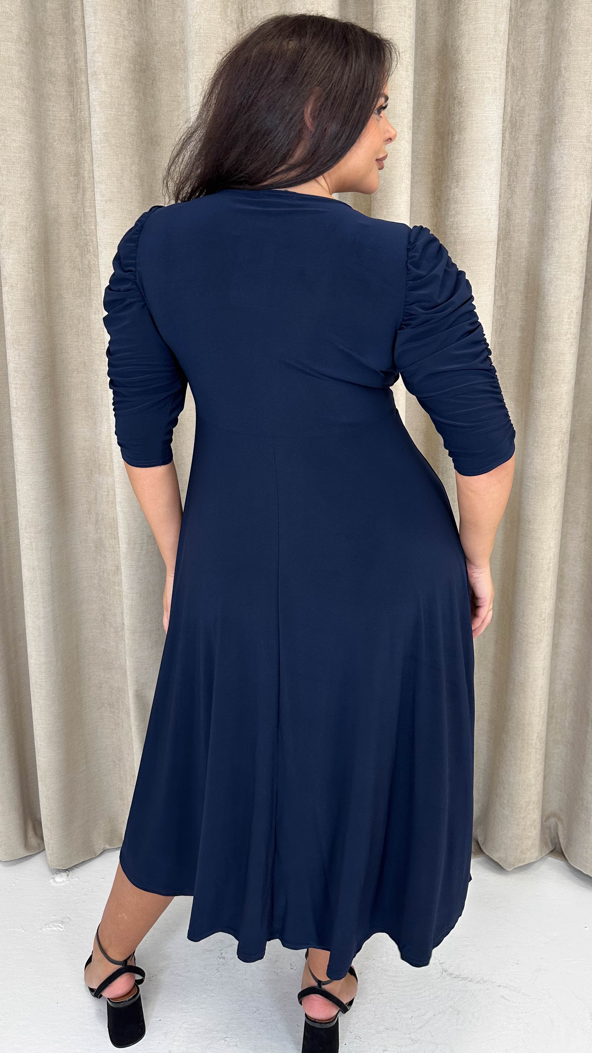 CurveWow 3/4 Balloon Sleeve Wrap Midi Dress Navy - Image 8