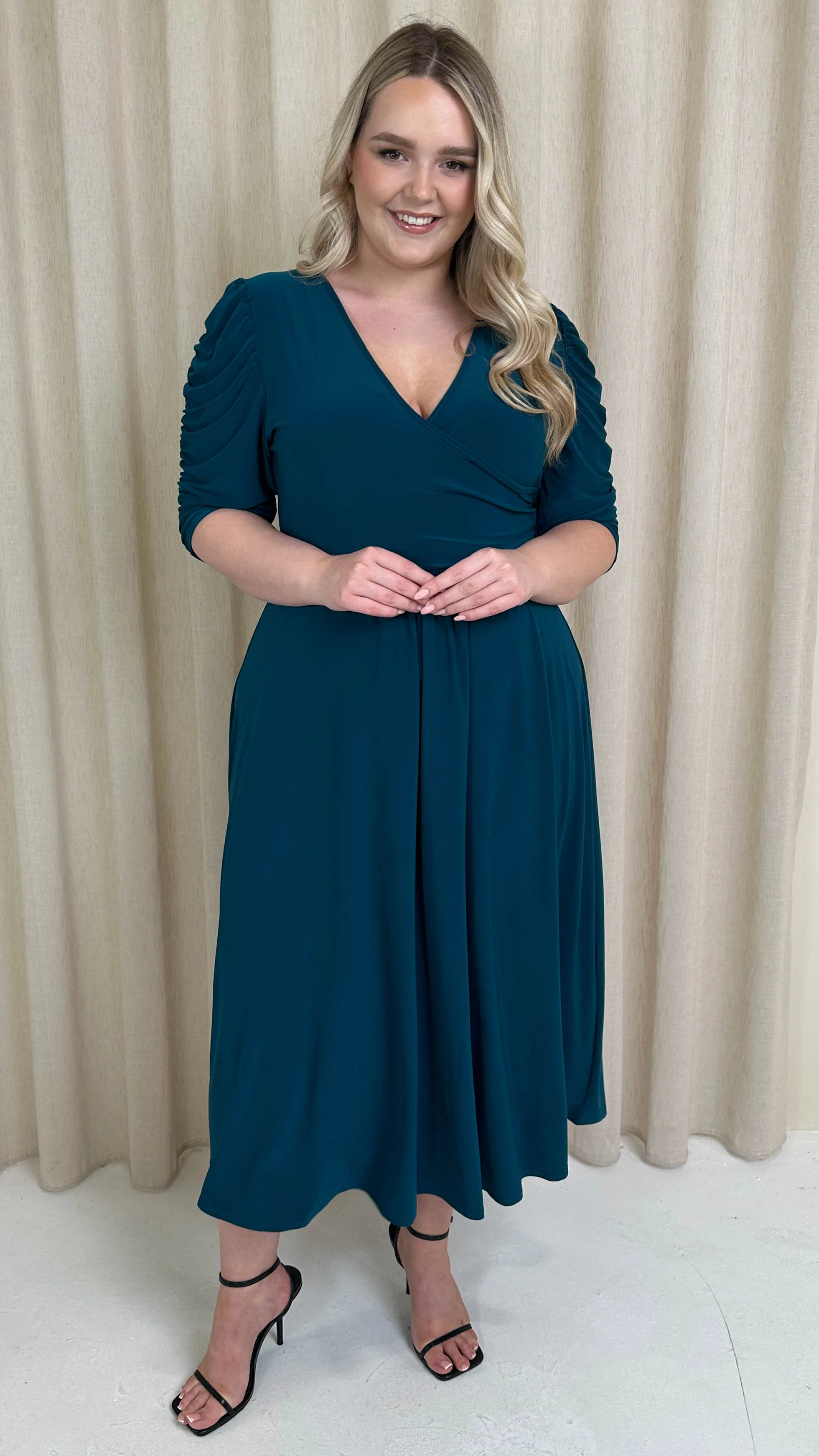 CurveWow 3/4 Balloon Sleeve Wrap Midi Dress Petrol - Image 4