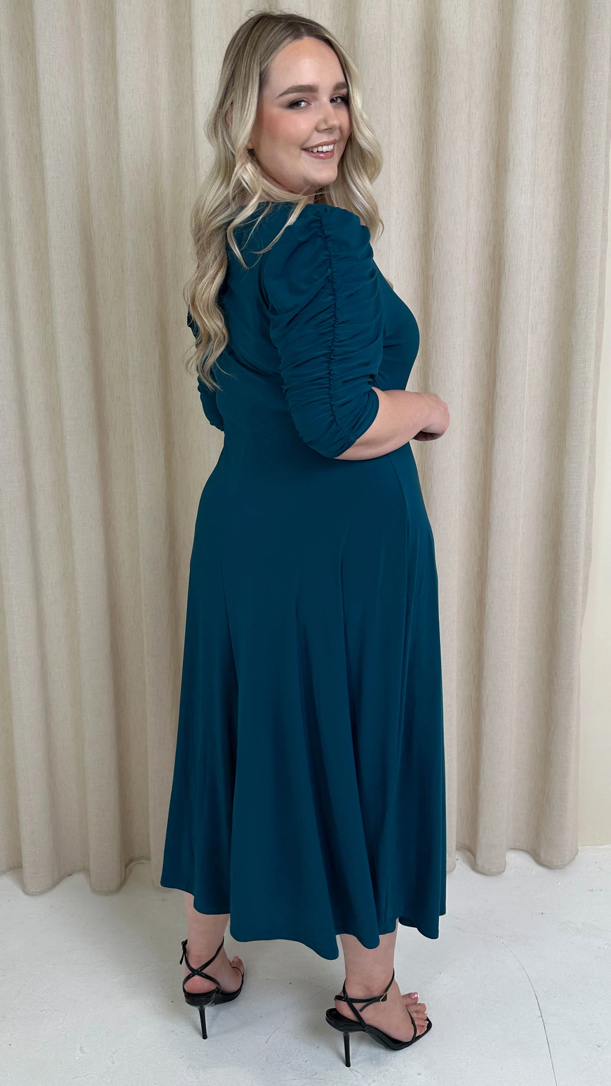 CurveWow 3/4 Balloon Sleeve Wrap Midi Dress Petrol - Image 8
