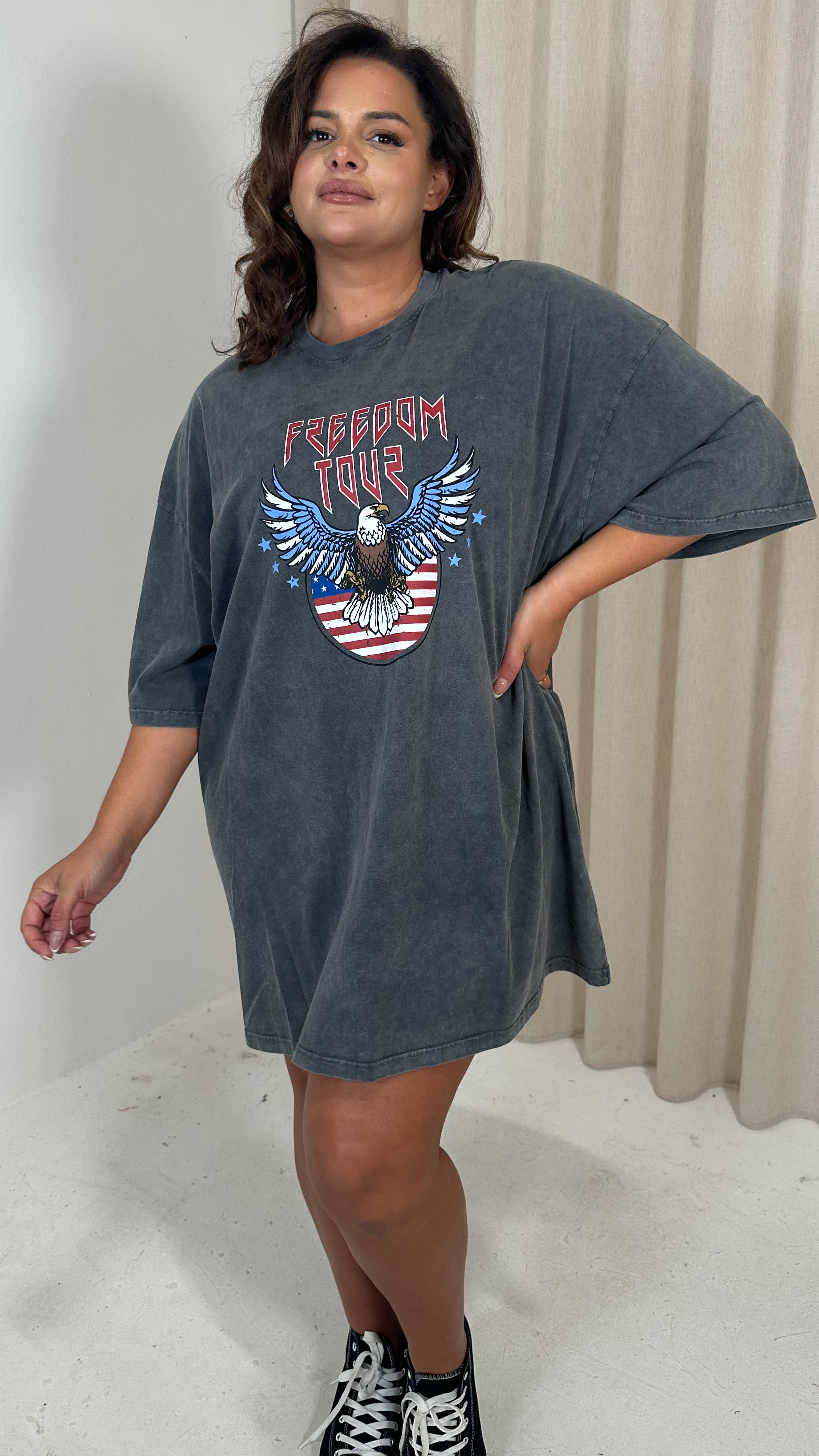 CurveWow Acid Wash Grunge T Dress Charcoal - Image 3