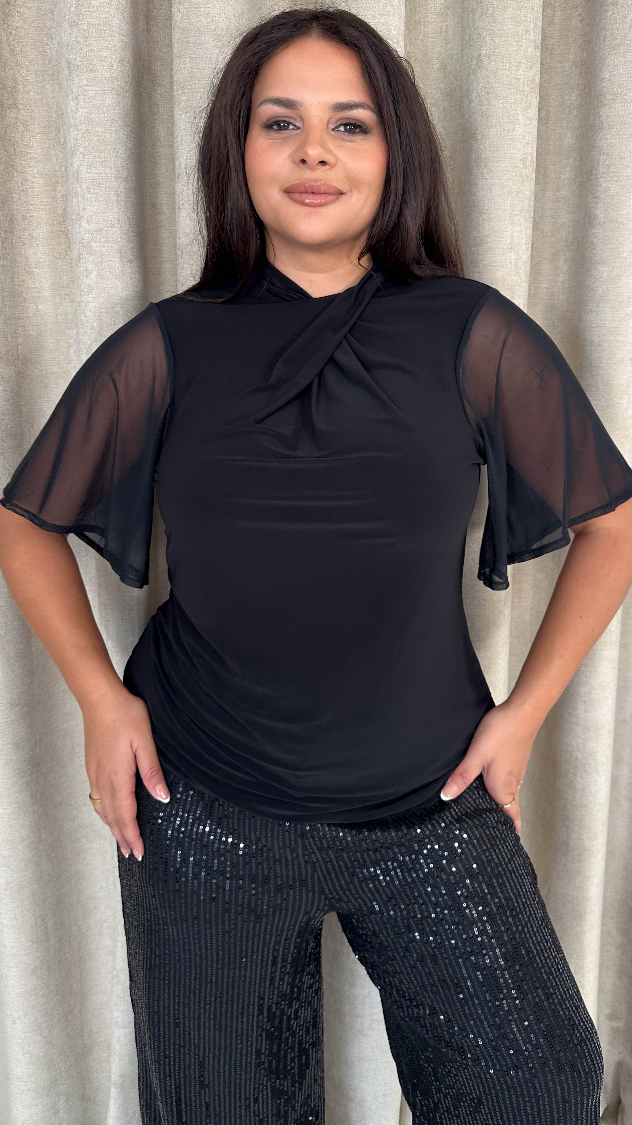 CurveWow Mesh Angel Sleeve Twist Neck Top Black - Image 7