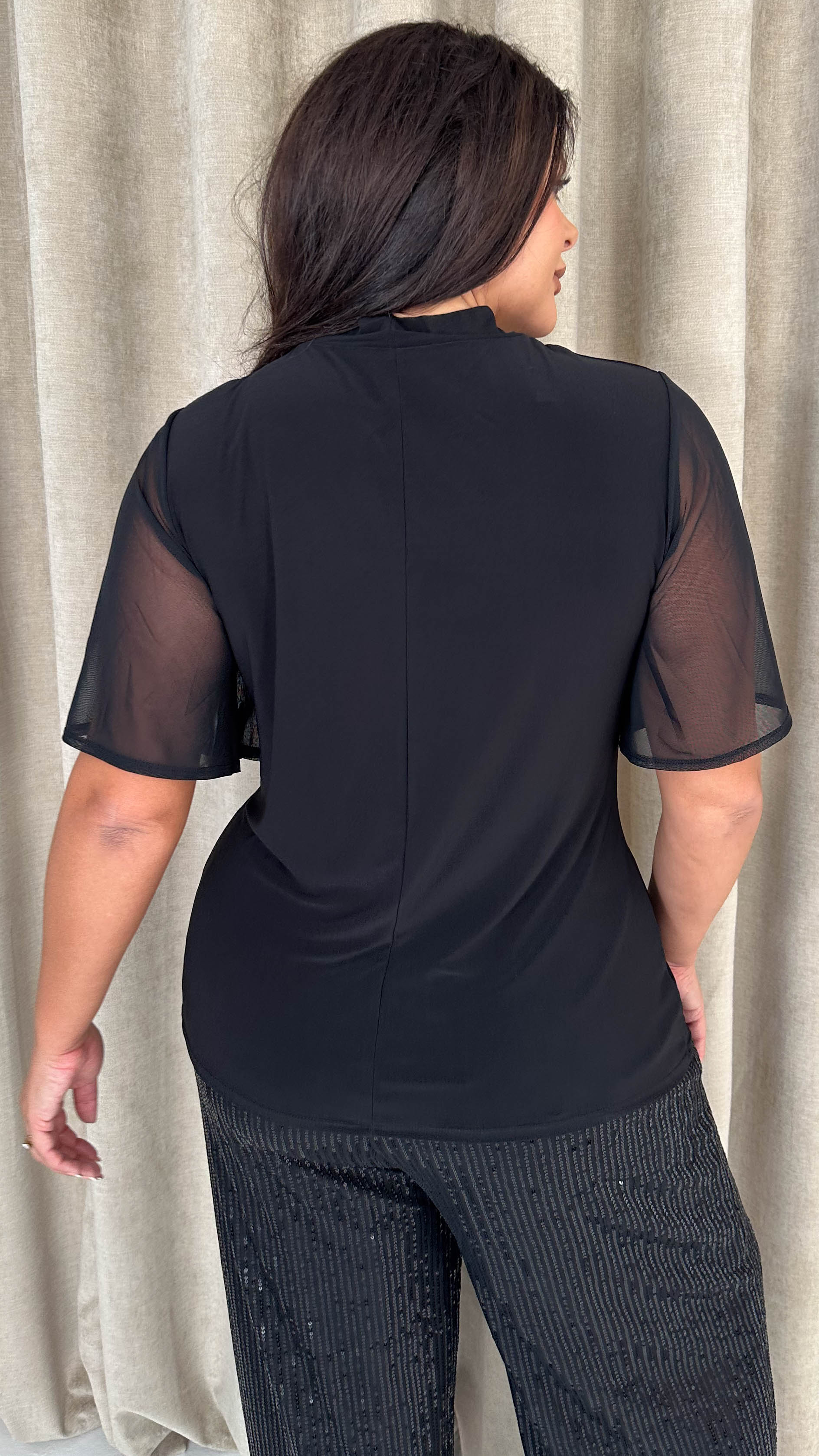 CurveWow Mesh Angel Sleeve Twist Neck Top Black - Image 9