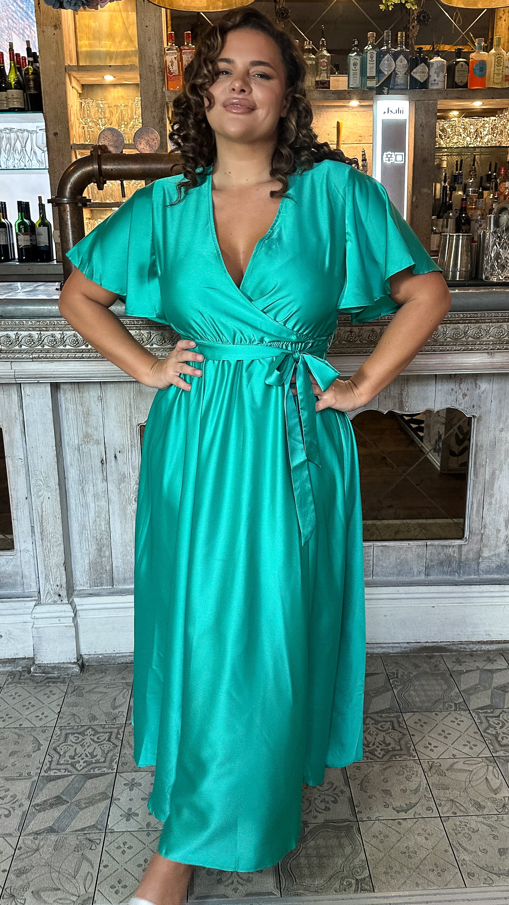 CurveWow Angel Sleeve Satin Maxi Dress Green - Image 5