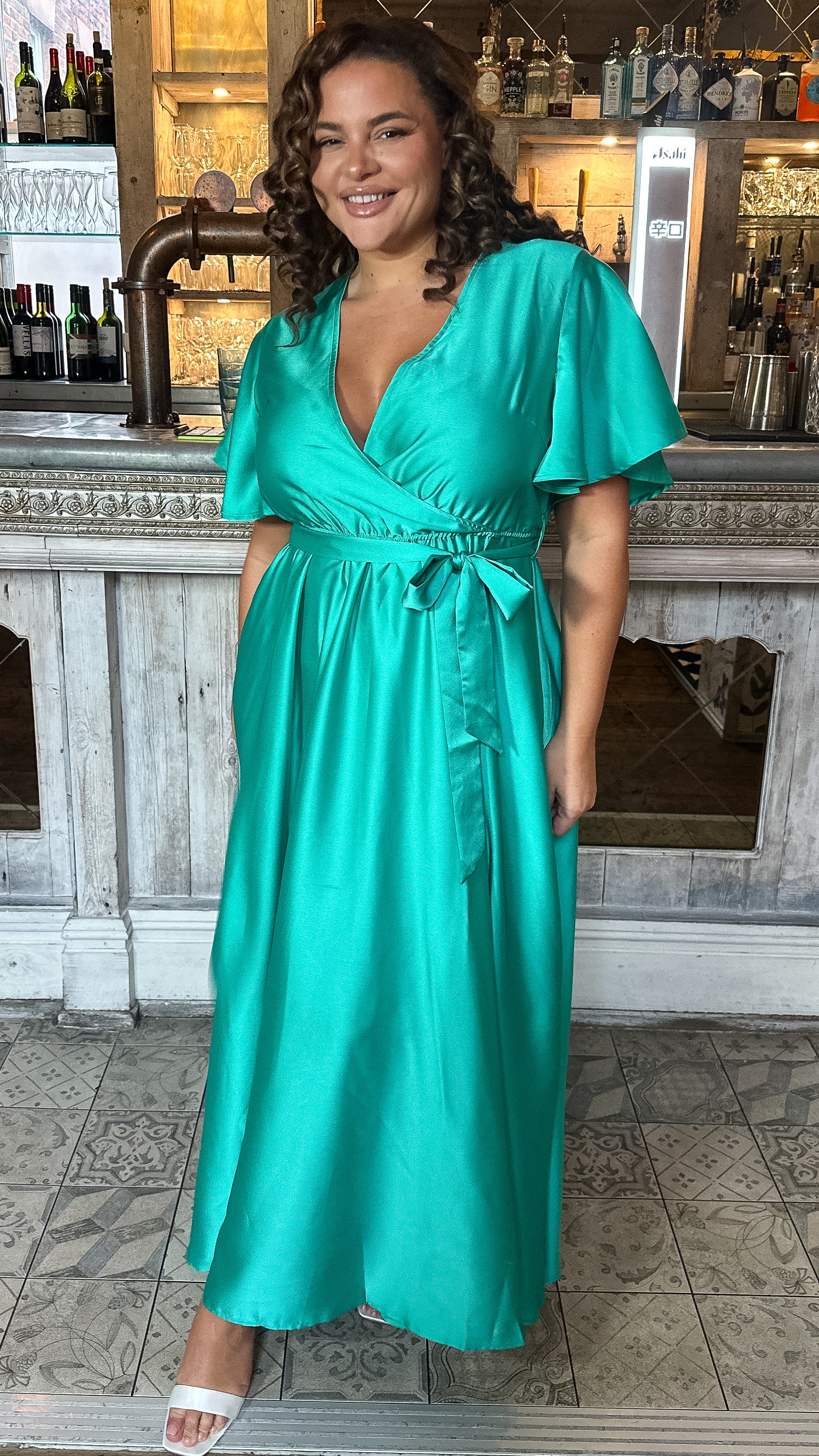 CurveWow Angel Sleeve Satin Maxi Dress Green - Image 6