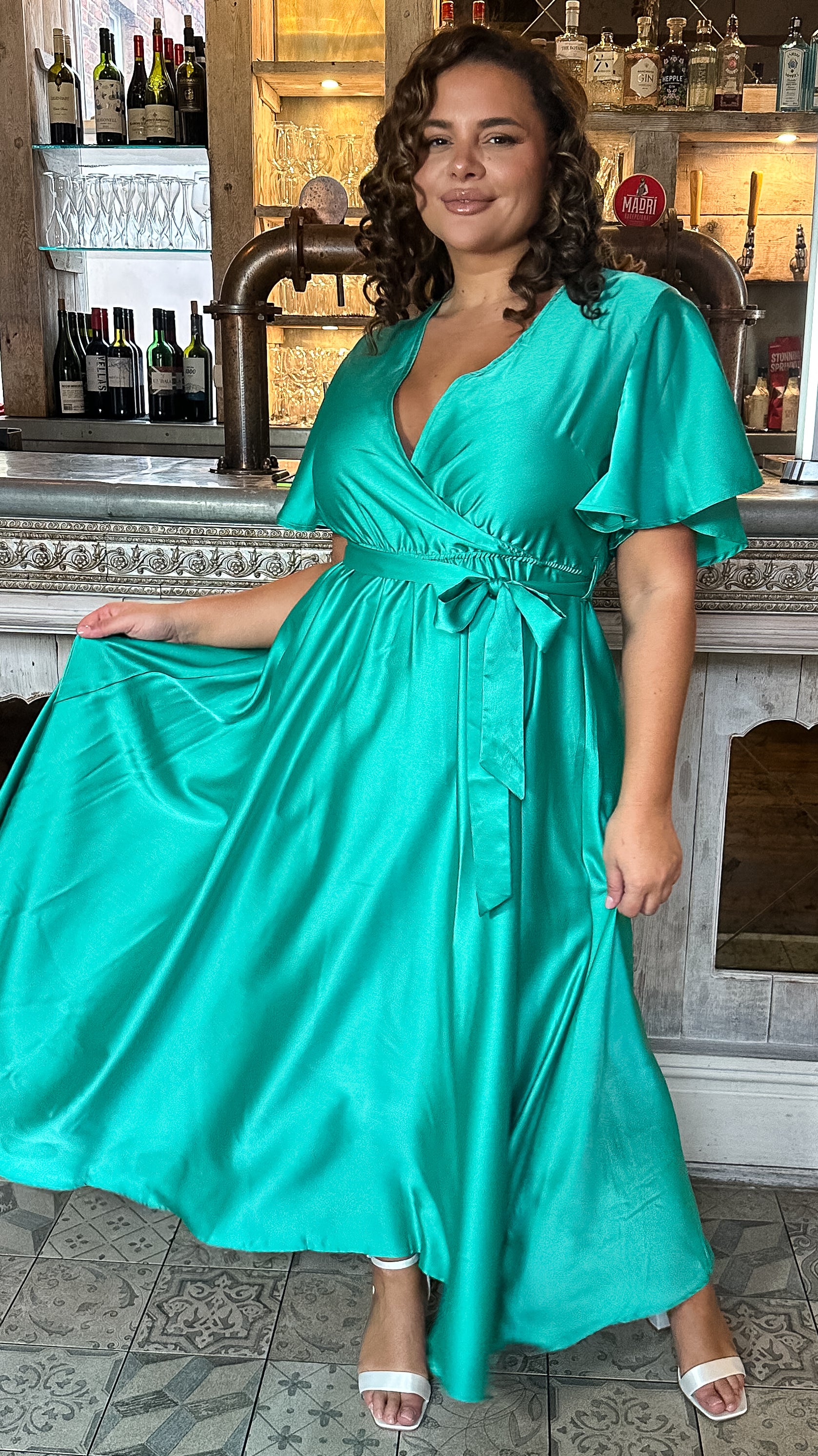 CurveWow Angel Sleeve Satin Maxi Dress Green - Image 7