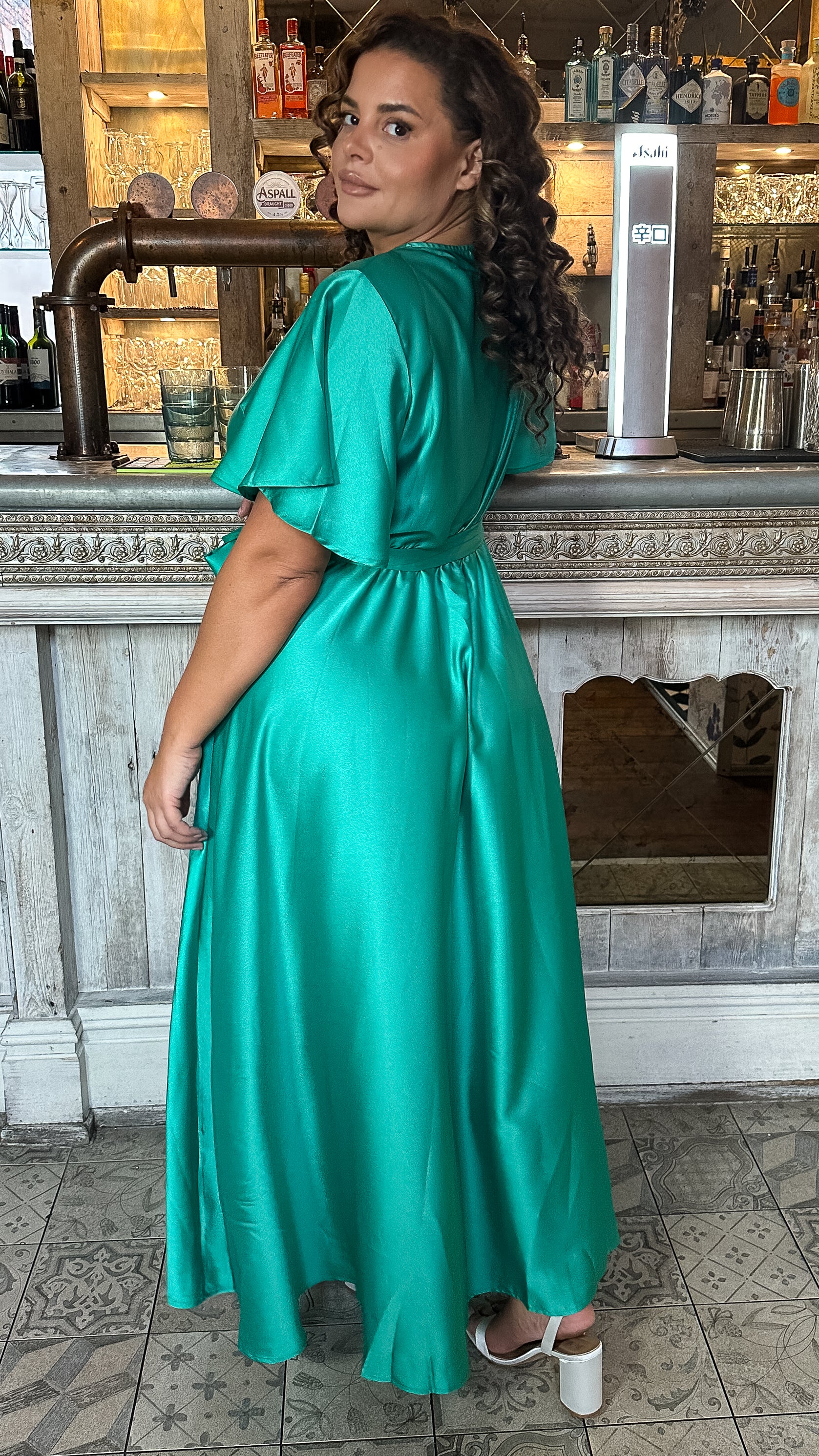 CurveWow Angel Sleeve Satin Maxi Dress Green - Image 8
